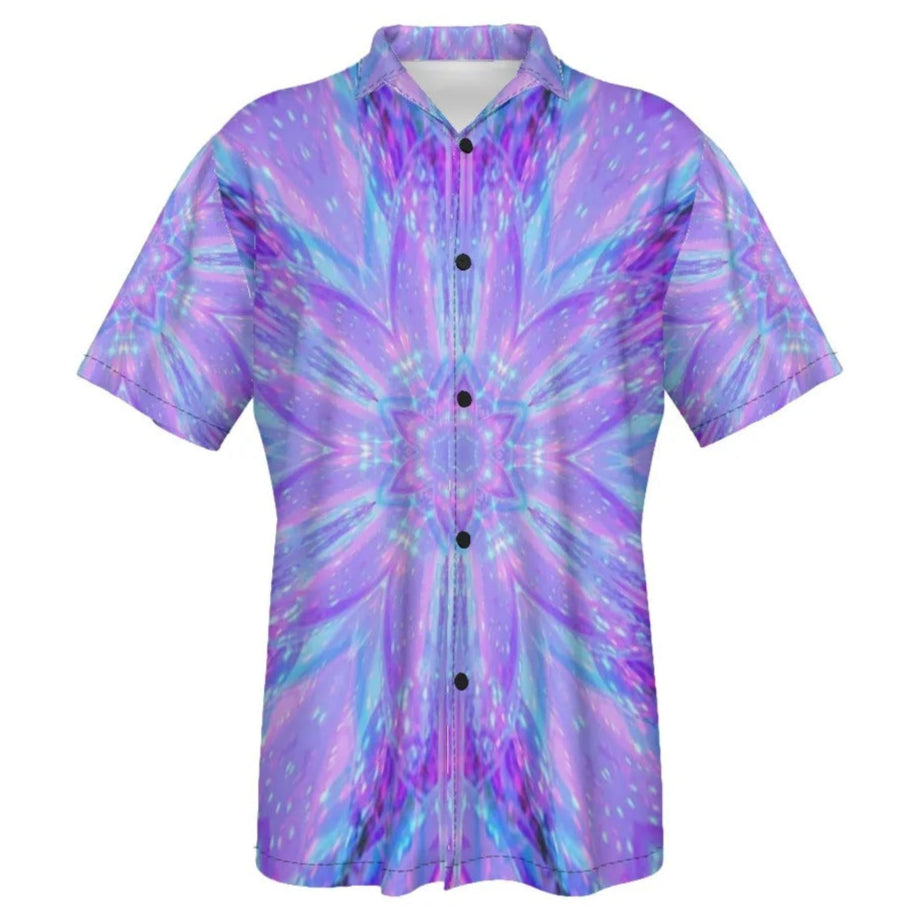 Kaleio Galaxy Hawaiian Shirt, Trippy Space Button-Up, Holographic Mandala Vacation Shirt, Psychedelic Festival Aloha Top