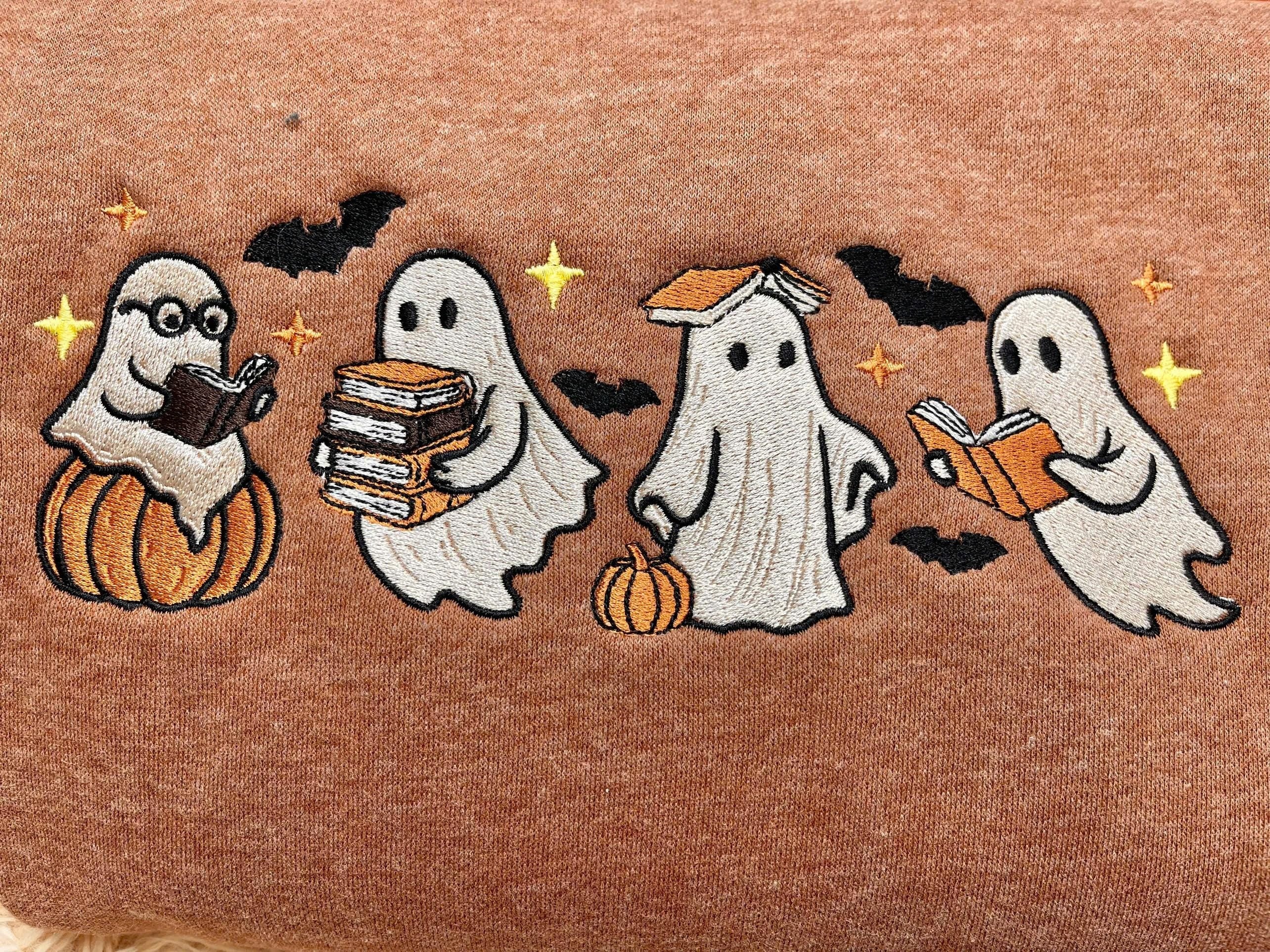 Embroidered Ghost Book Sweatshirt, Ghost Reading Books Sweatshirt, Halloween Embroidered Crewneck, Book Lover Sweatshirt, Cute Halloween Shirt EBAC09