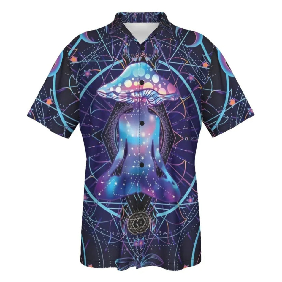 Mystic Mushroom Awakening Hawaiian Shirt, Psychedelic Spiritual Aloha Shirt, Cosmic Mushroom Print Top, Visionary Art Festival Wear, Boho Mystic Style