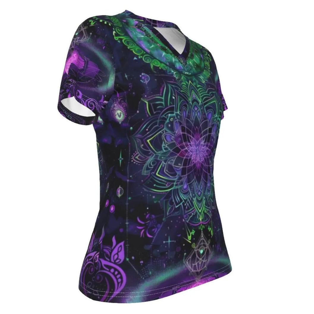 Mystic Aesthetic V Neck Shirt, Sacred Geometry Top, Purple Green Mandala Tee, Psychedelic Festival Shirt, Boho Spiritual Clothing, Cosmic Art Apparel, Yoga Meditation Wear