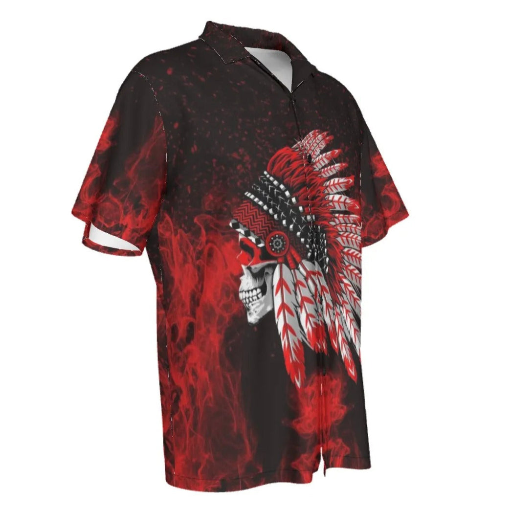 Native American Skull Hawaiian Shirt, Red Feather Headdress Aloha Shirt, Tribal Gothic Summer Wear, Red Smoke Graphic Top, Warrior Biker Style