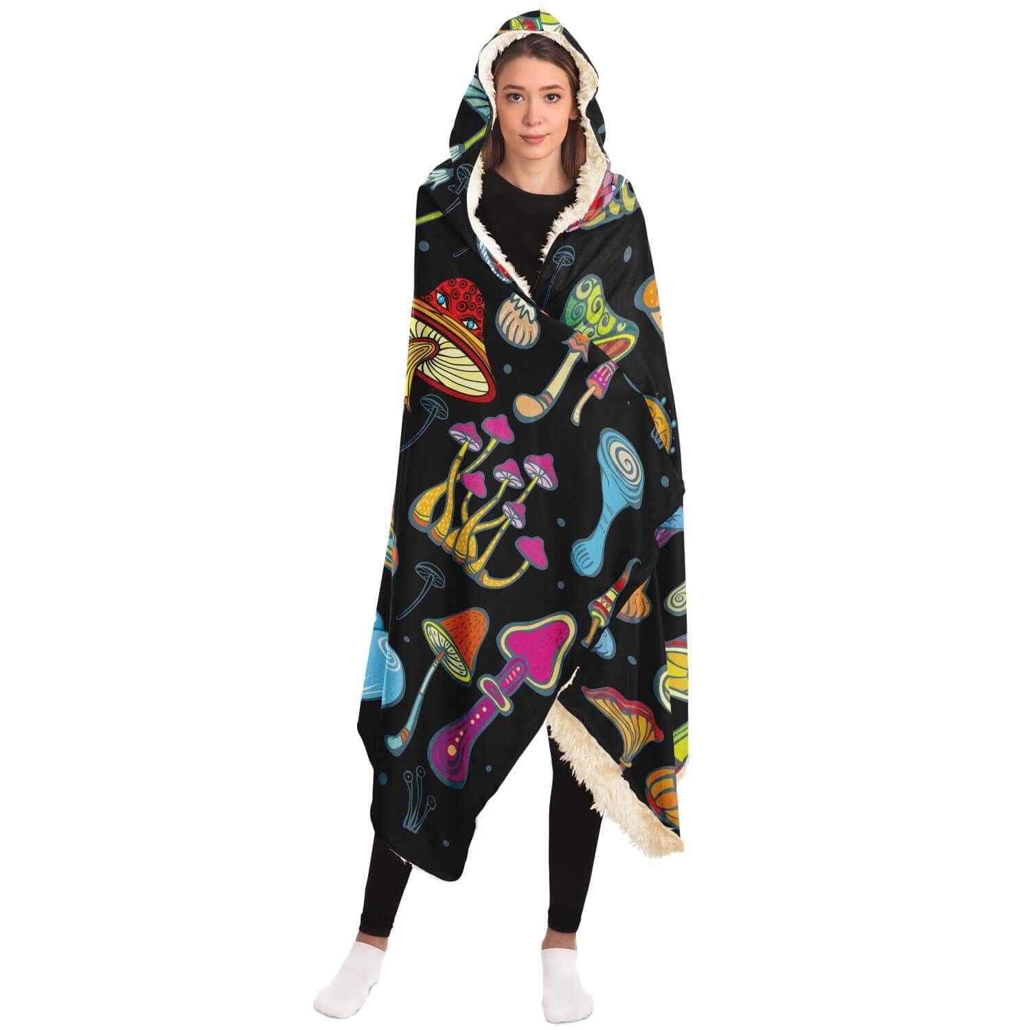 Mushroom Hooded Blanket, Colorful Cartoon Fungi Pattern, Cozy Warm Throw Blanket, Perfect Gift for Nature Lovers and Outdoor Enthusiasts. BLKAC59