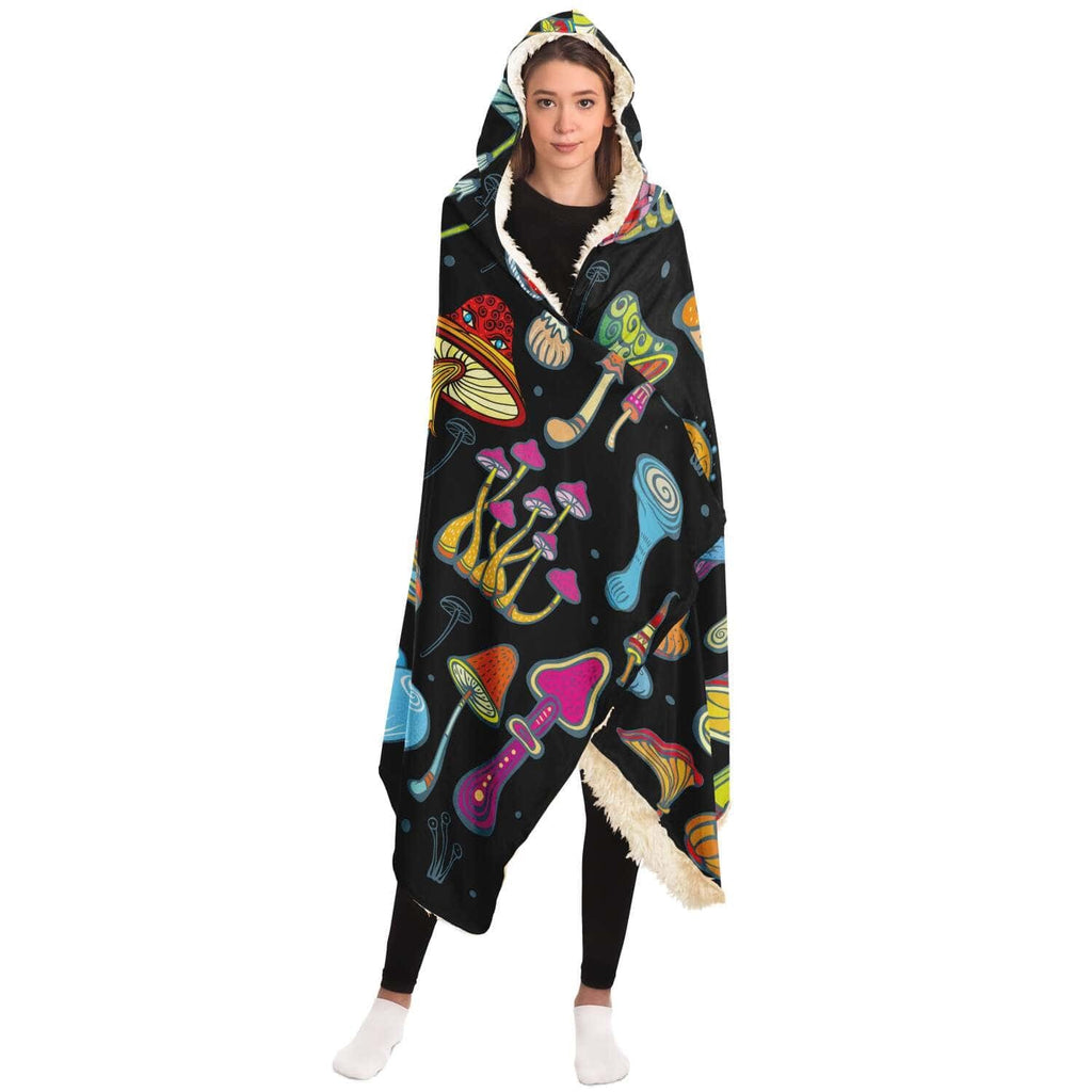 Mushroom Hooded Blanket, Colorful Cartoon Fungi Pattern, Cozy Warm Throw Blanket, Perfect Gift for Nature Lovers and Outdoor Enthusiasts. BLKAC59