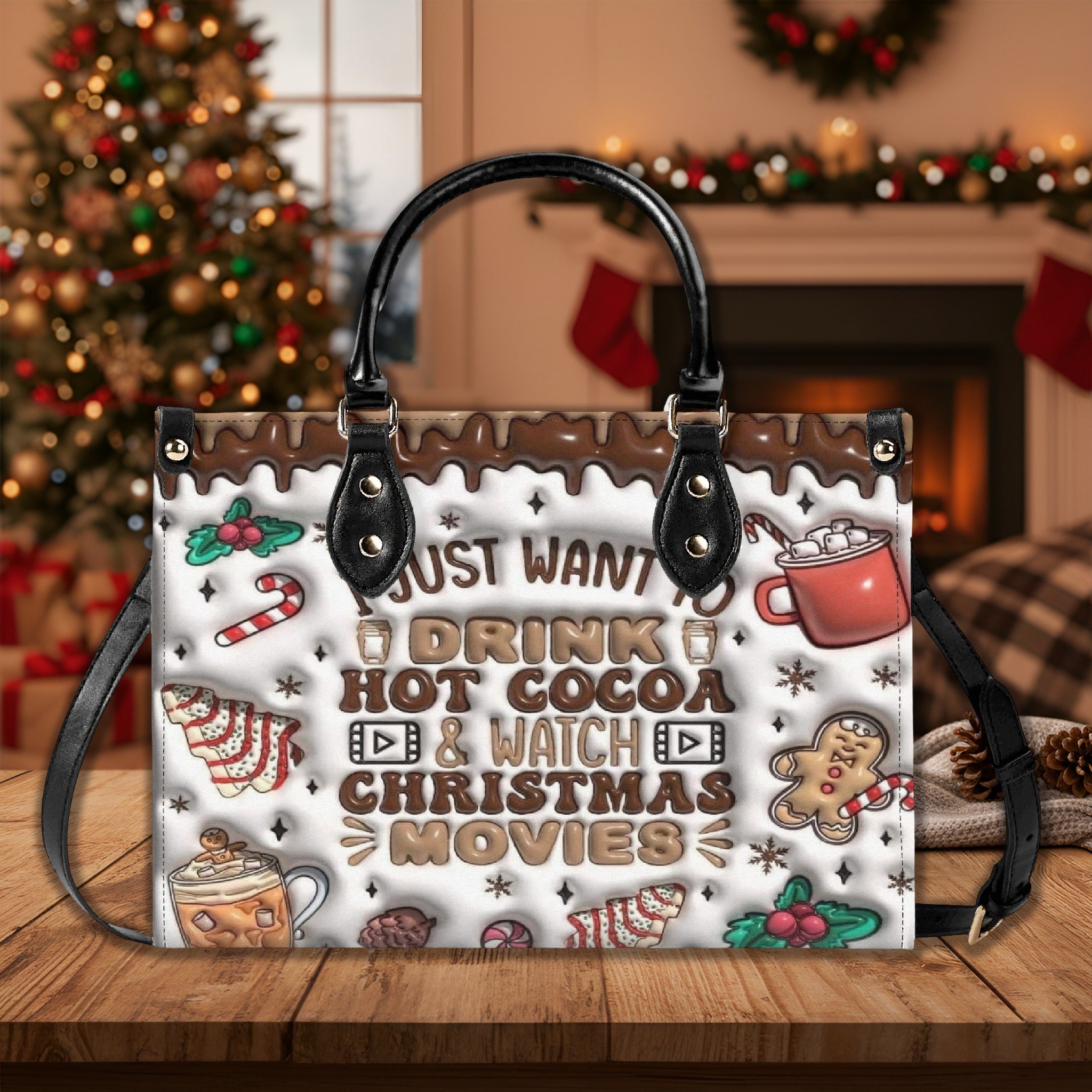 Hot Cocoa Christmas Handbag, Holiday Movies Tote Bag, Cute Gingerbread and Candy Print Purse, Festive Gift for Women