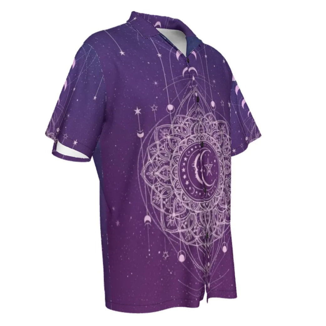 Mystic Lunar Mandala Hawaiian Shirt, Moon Phase Spiritual Aloha Shirt, Celestial Lotus Print Top, Sacred Geometry Cosmic Wear, Boho Mystic Style