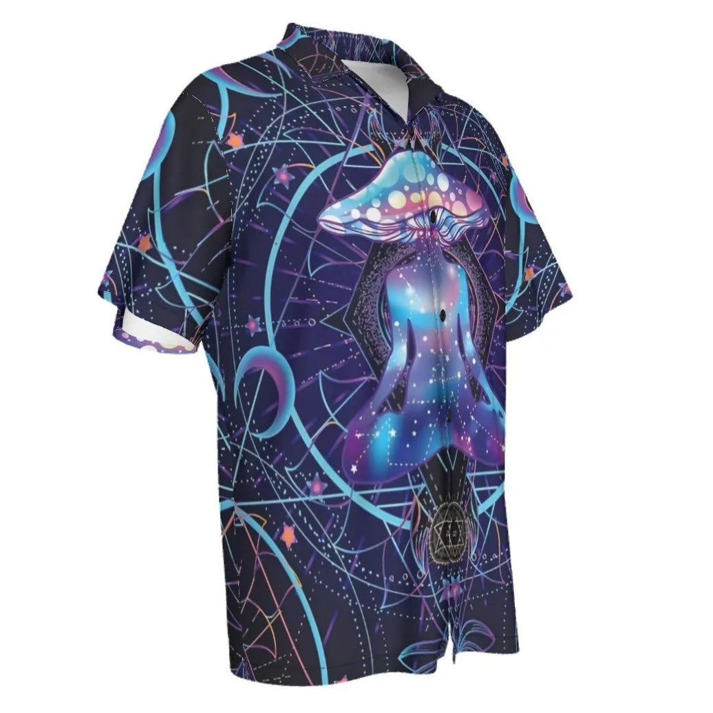 Mystic Mushroom Awakening Hawaiian Shirt, Psychedelic Spiritual Aloha Shirt, Cosmic Mushroom Print Top, Visionary Art Festival Wear, Boho Mystic Style