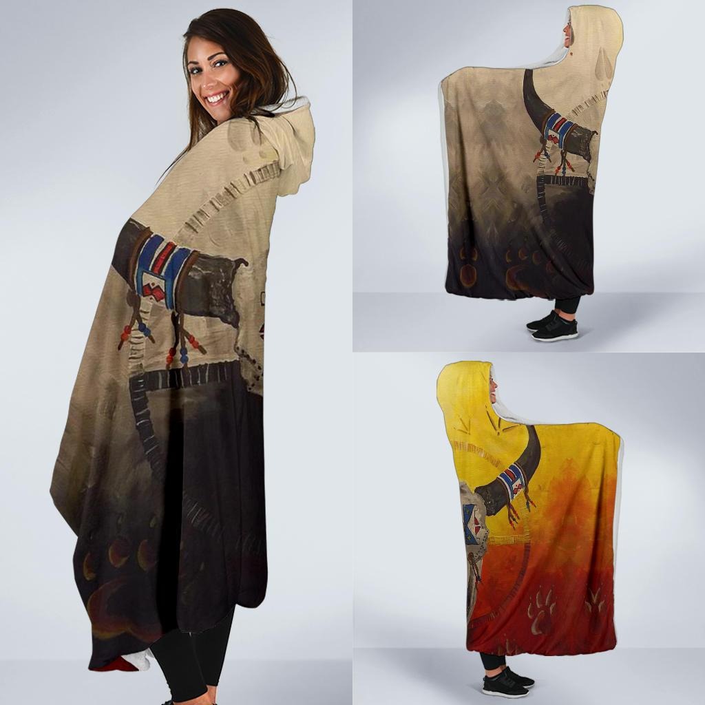 Native American Hooded Blanket, Tribal Buffalo Skull Design, Cozy Warm Indigenous Style Throw, Perfect Gift for Outdoor and Home Use. BLKAC47