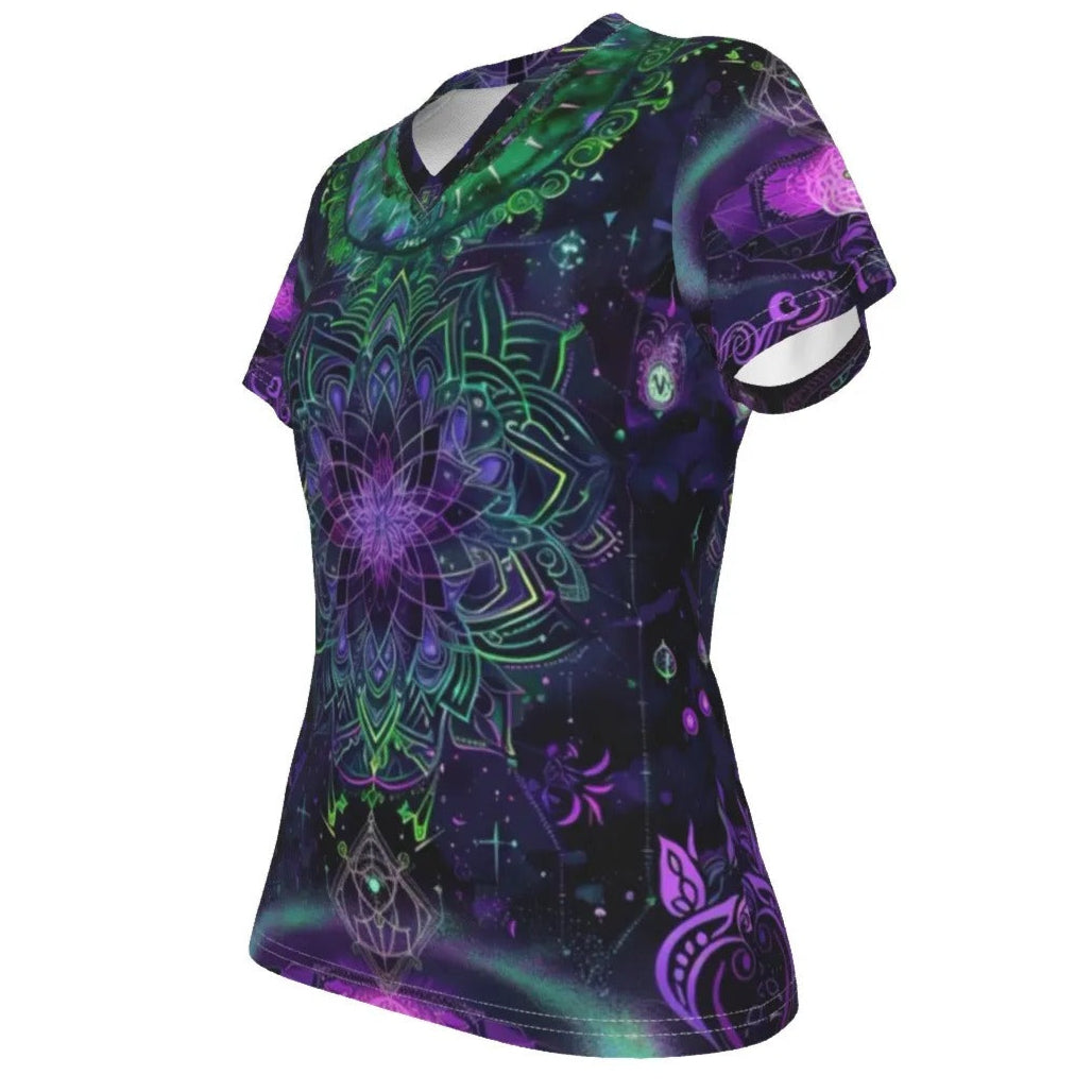 Mystic Aesthetic V Neck Shirt, Sacred Geometry Top, Purple Green Mandala Tee, Psychedelic Festival Shirt, Boho Spiritual Clothing, Cosmic Art Apparel, Yoga Meditation Wear