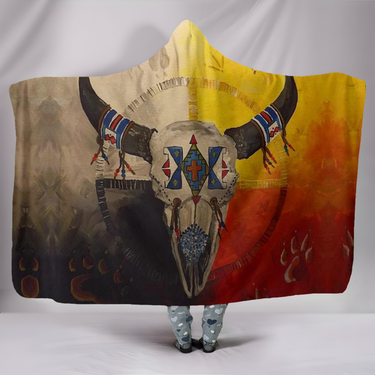 Native American Hooded Blanket, Tribal Buffalo Skull Design, Cozy Warm Indigenous Style Throw, Perfect Gift for Outdoor and Home Use. BLKAC47
