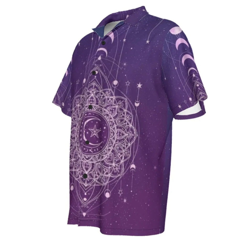 Mystic Lunar Mandala Hawaiian Shirt, Moon Phase Spiritual Aloha Shirt, Celestial Lotus Print Top, Sacred Geometry Cosmic Wear, Boho Mystic Style