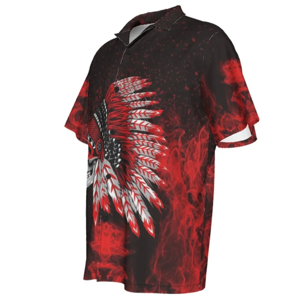 Native American Skull Hawaiian Shirt, Red Feather Headdress Aloha Shirt, Tribal Gothic Summer Wear, Red Smoke Graphic Top, Warrior Biker Style