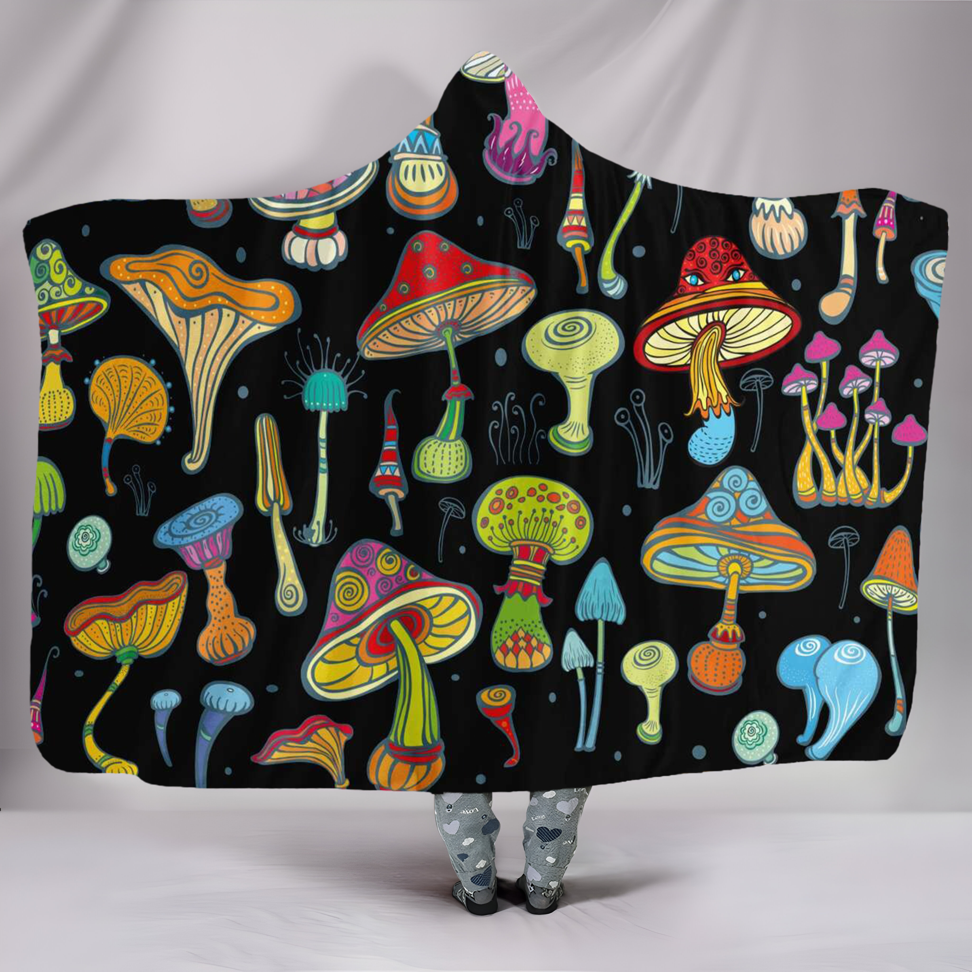 Mushroom Hooded Blanket, Colorful Cartoon Fungi Pattern, Cozy Warm Throw Blanket, Perfect Gift for Nature Lovers and Outdoor Enthusiasts. BLKAC59