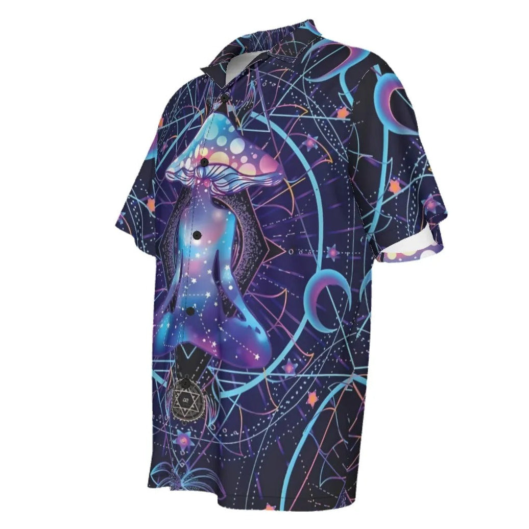 Mystic Mushroom Awakening Hawaiian Shirt, Psychedelic Spiritual Aloha Shirt, Cosmic Mushroom Print Top, Visionary Art Festival Wear, Boho Mystic Style