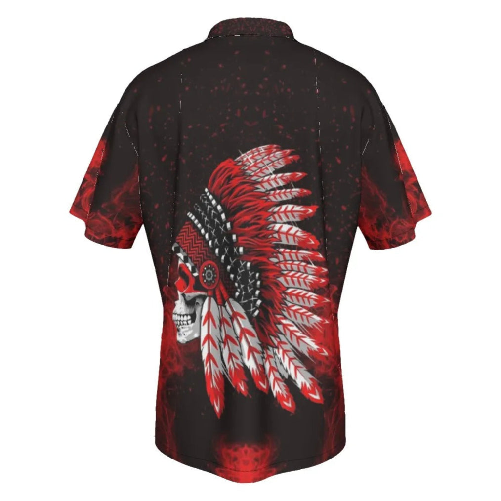 Native American Skull Hawaiian Shirt, Red Feather Headdress Aloha Shirt, Tribal Gothic Summer Wear, Red Smoke Graphic Top, Warrior Biker Style