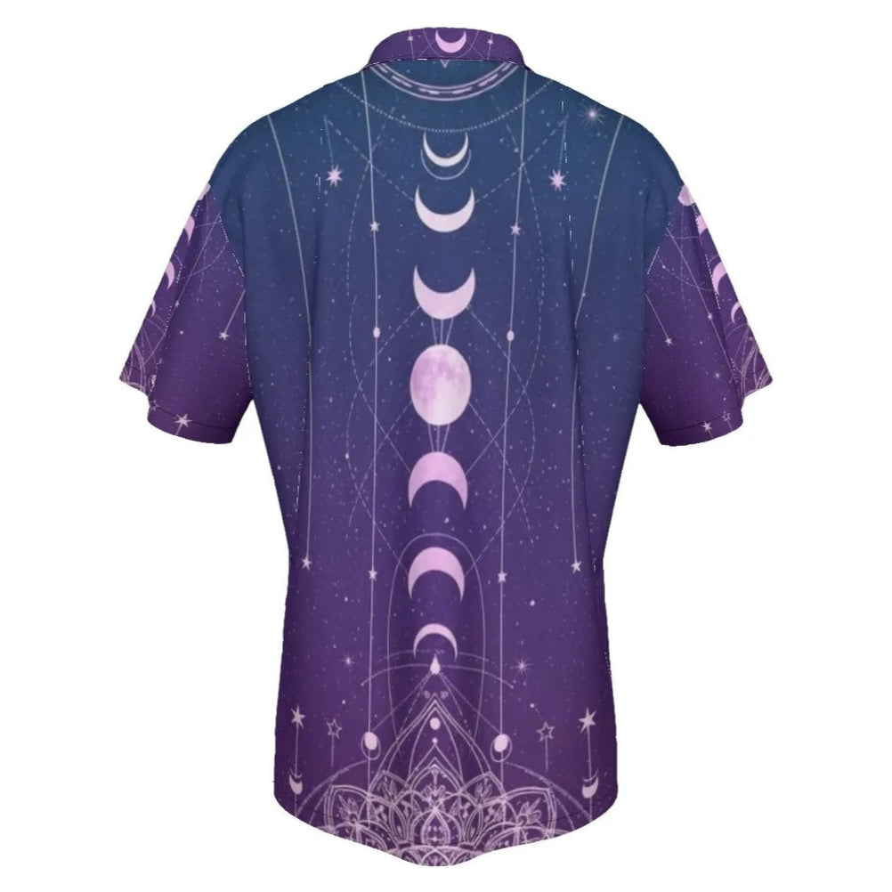 Mystic Lunar Mandala Hawaiian Shirt, Moon Phase Spiritual Aloha Shirt, Celestial Lotus Print Top, Sacred Geometry Cosmic Wear, Boho Mystic Style