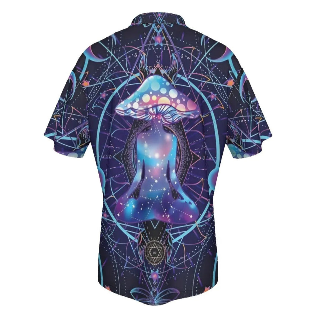 Mystic Mushroom Awakening Hawaiian Shirt, Psychedelic Spiritual Aloha Shirt, Cosmic Mushroom Print Top, Visionary Art Festival Wear, Boho Mystic Style