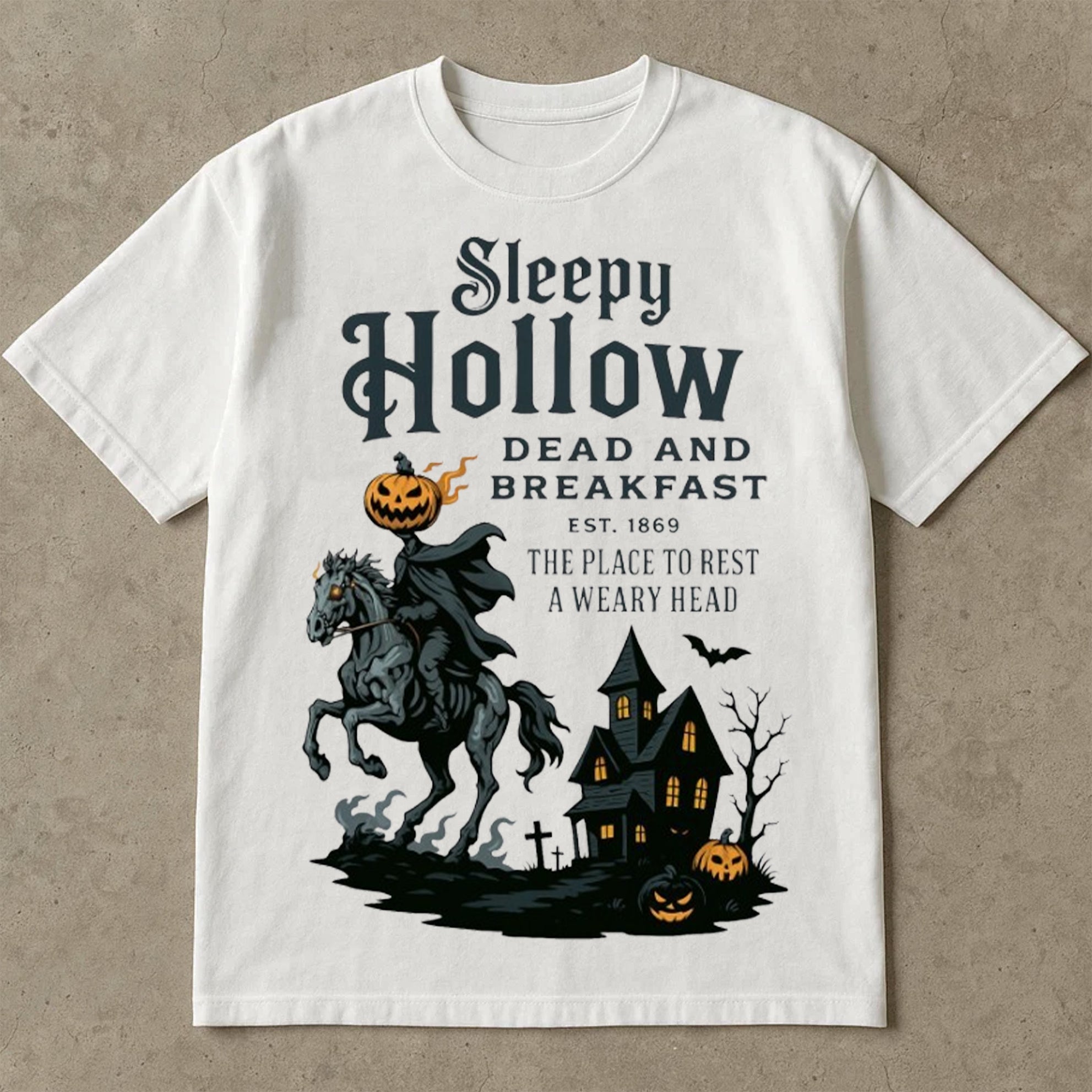 Sleepy Hollow Halloween T-Shirts, Headless Horseman Halloween Tee Shirts, Vintage Spooky Haunted House Shirt, Pumpkin Horror Graphic Top, Halloween T Shirts For Adults