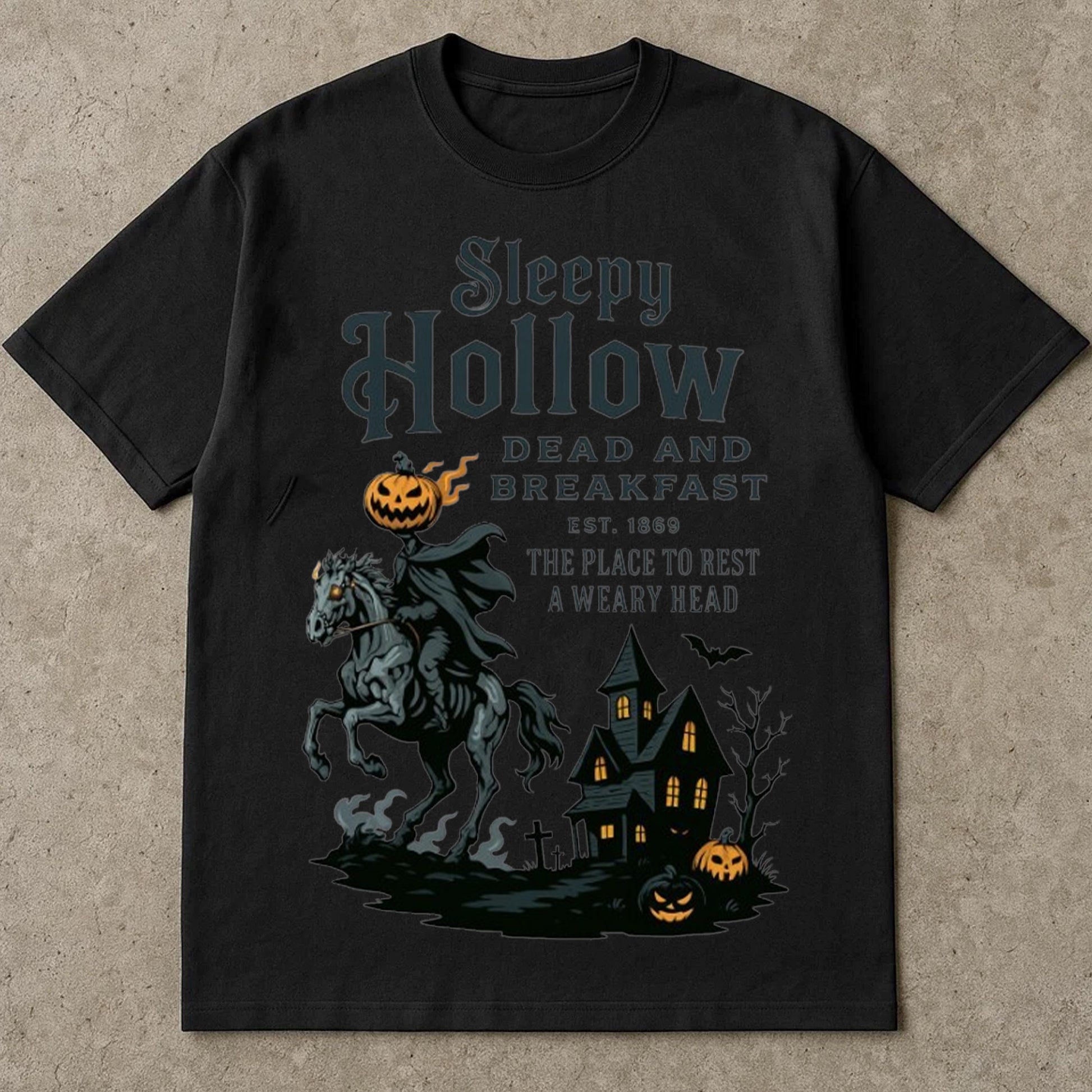 Sleepy Hollow Halloween T-Shirts, Headless Horseman Halloween Tee Shirts, Vintage Spooky Haunted House Shirt, Pumpkin Horror Graphic Top, Halloween T Shirts For Adults