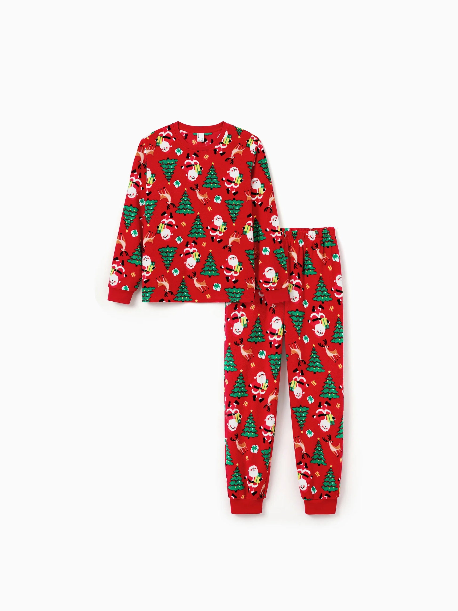 Family Matching Santa Claus Christmas Pajamas, Red Holiday PJs with Reindeer and Tree Print, Festive Sleepwear Set for Kids and Adults