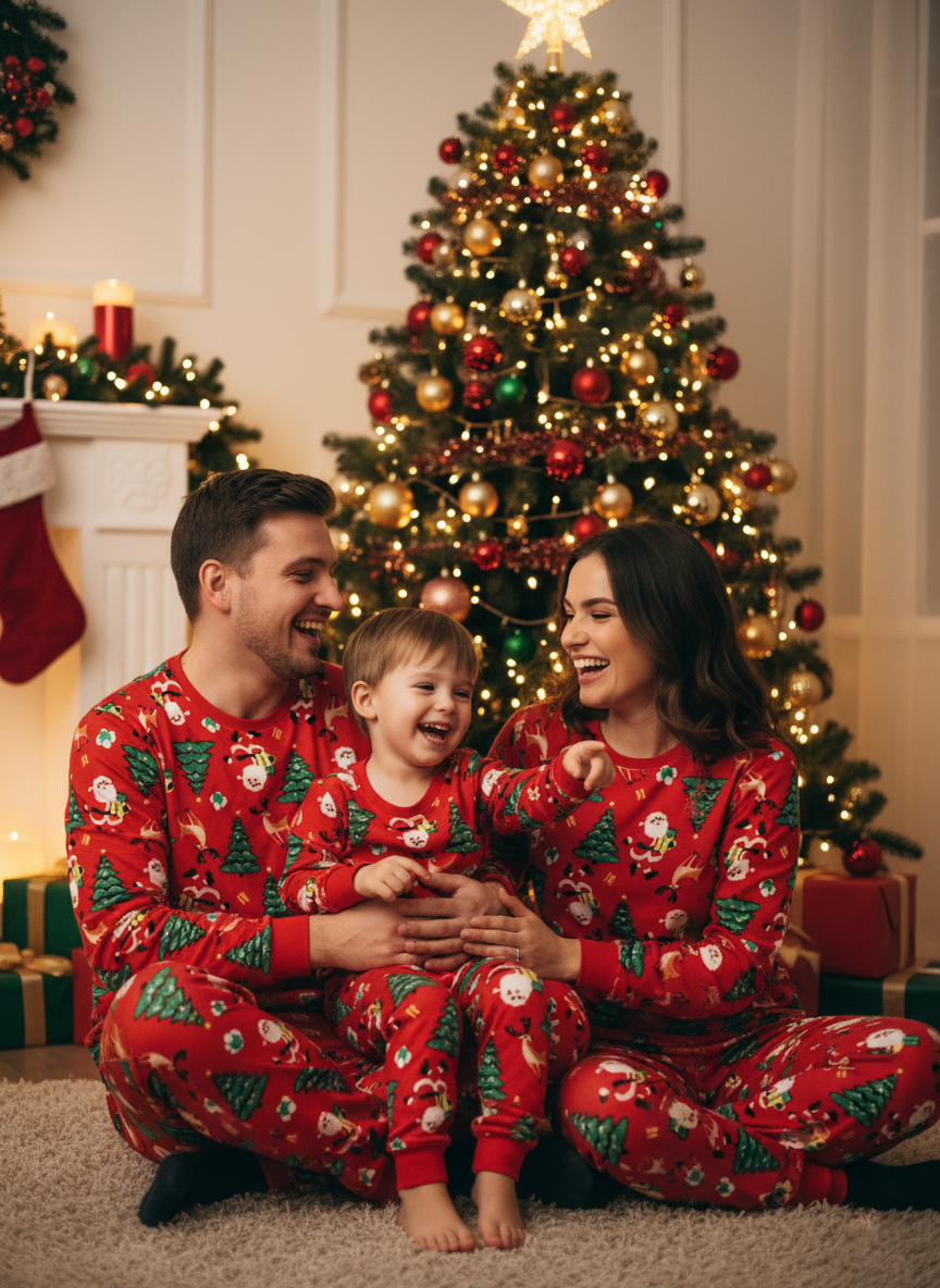Family Matching Santa Claus Christmas Pajamas, Red Holiday PJs with Reindeer and Tree Print, Festive Sleepwear Set for Kids and Adults