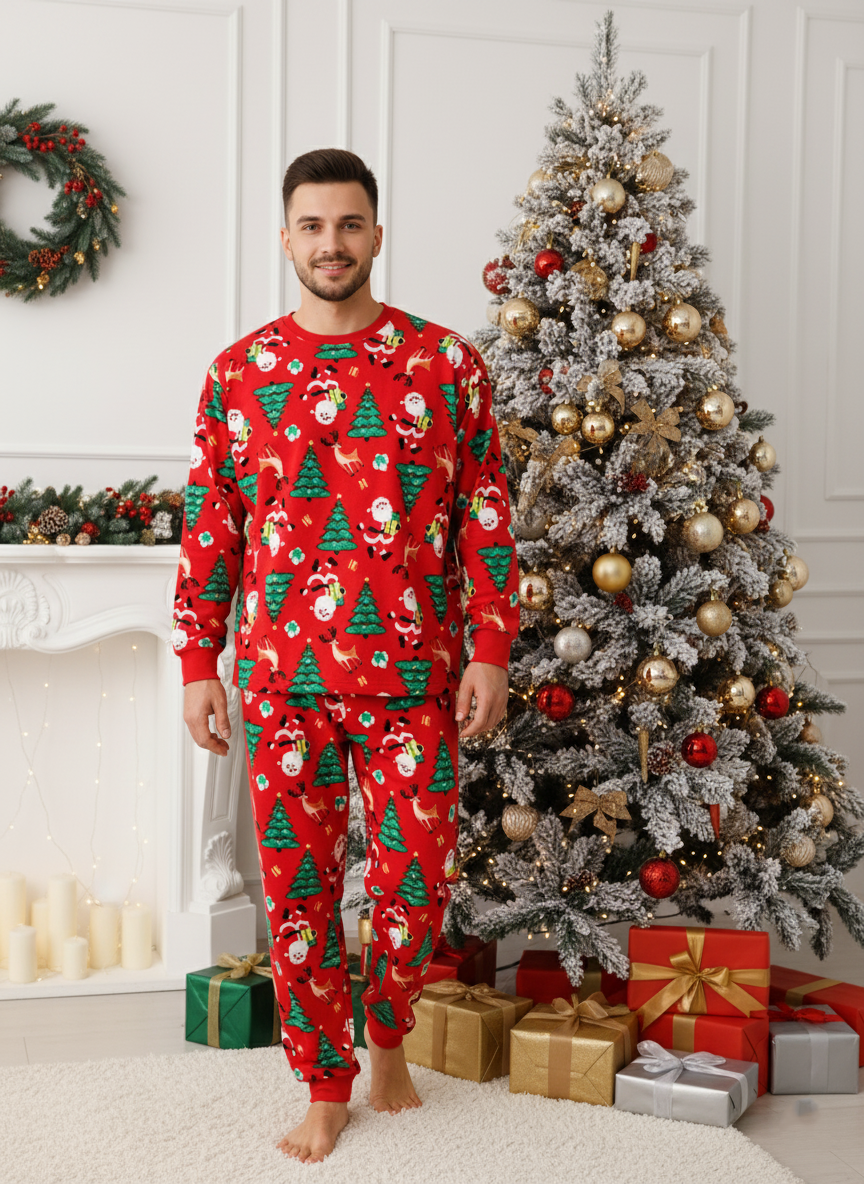 Family Matching Santa Claus Christmas Pajamas, Red Holiday PJs with Reindeer and Tree Print, Festive Sleepwear Set for Kids and Adults