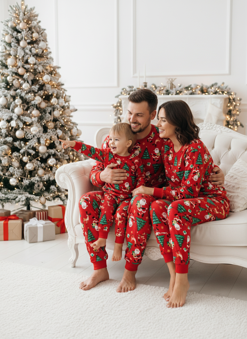Family Matching Santa Claus Christmas Pajamas, Red Holiday PJs with Reindeer and Tree Print, Festive Sleepwear Set for Kids and Adults
