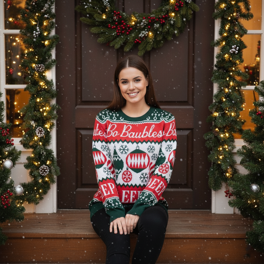 Ugly Christmas Sweater, Funny Red Green Bauble Knit Pullover, Go Baubles Deep Holiday Party Jumper for Women and Men