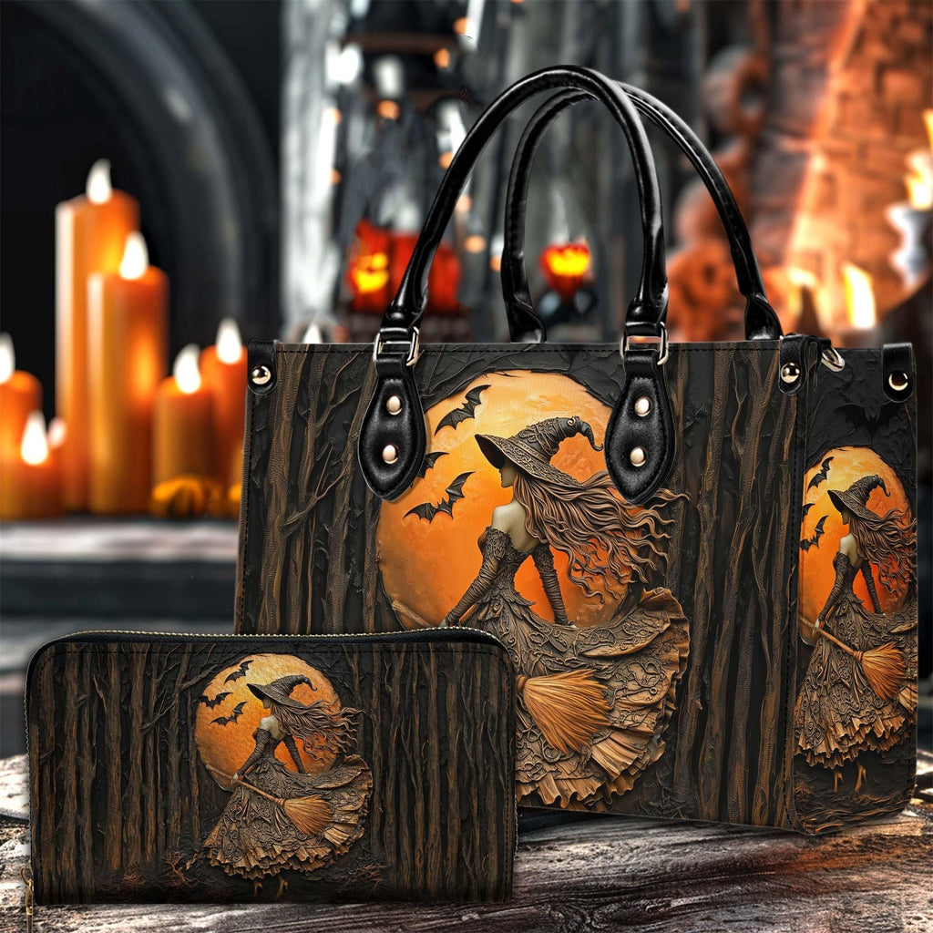 Personalized Witch Printed Art Leather Handbag With Handle, Spooky Halloween Bags, Trick Or Treat Halloween Bags, Witchy Gothic Bags