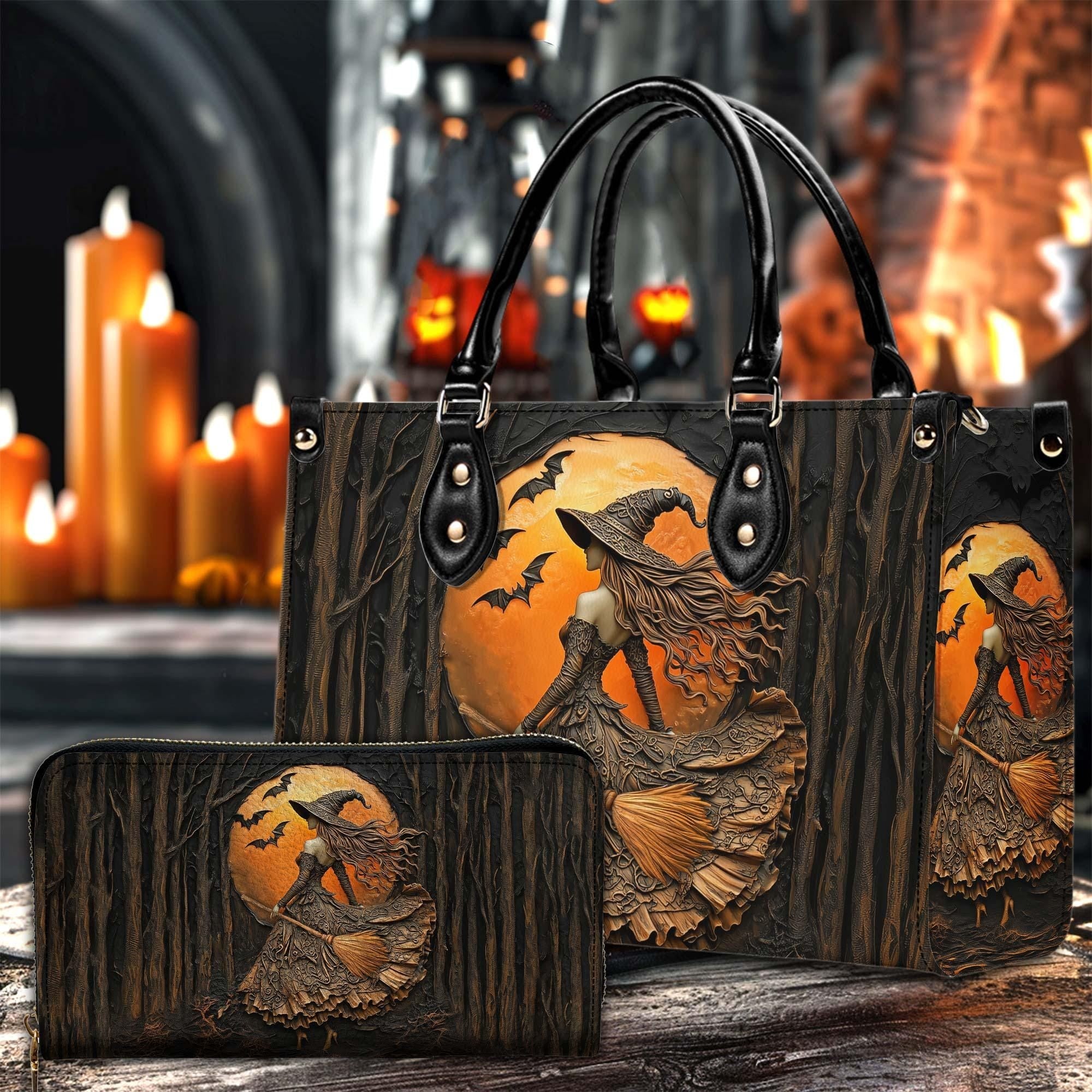 Personalized Witch Printed Art Leather Handbag With Handle, Spooky Halloween Bags, Trick Or Treat Halloween Bags, Witchy Gothic Bags
