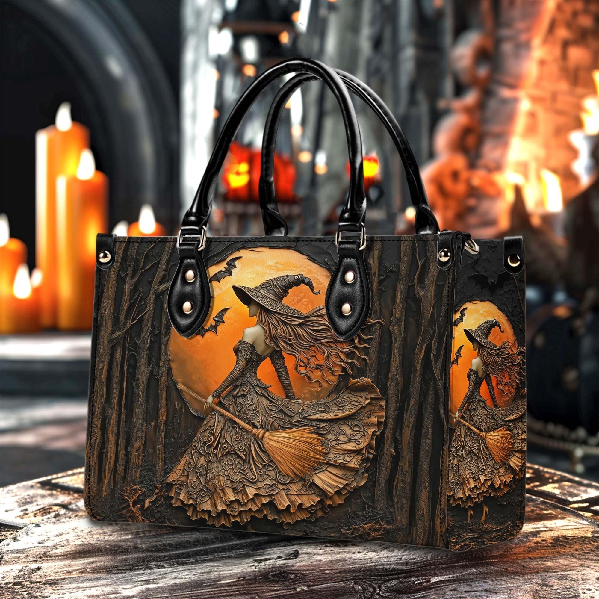 Personalized Witch Printed Art Leather Handbag With Handle, Spooky Halloween Bags, Trick Or Treat Halloween Bags, Witchy Gothic Bags