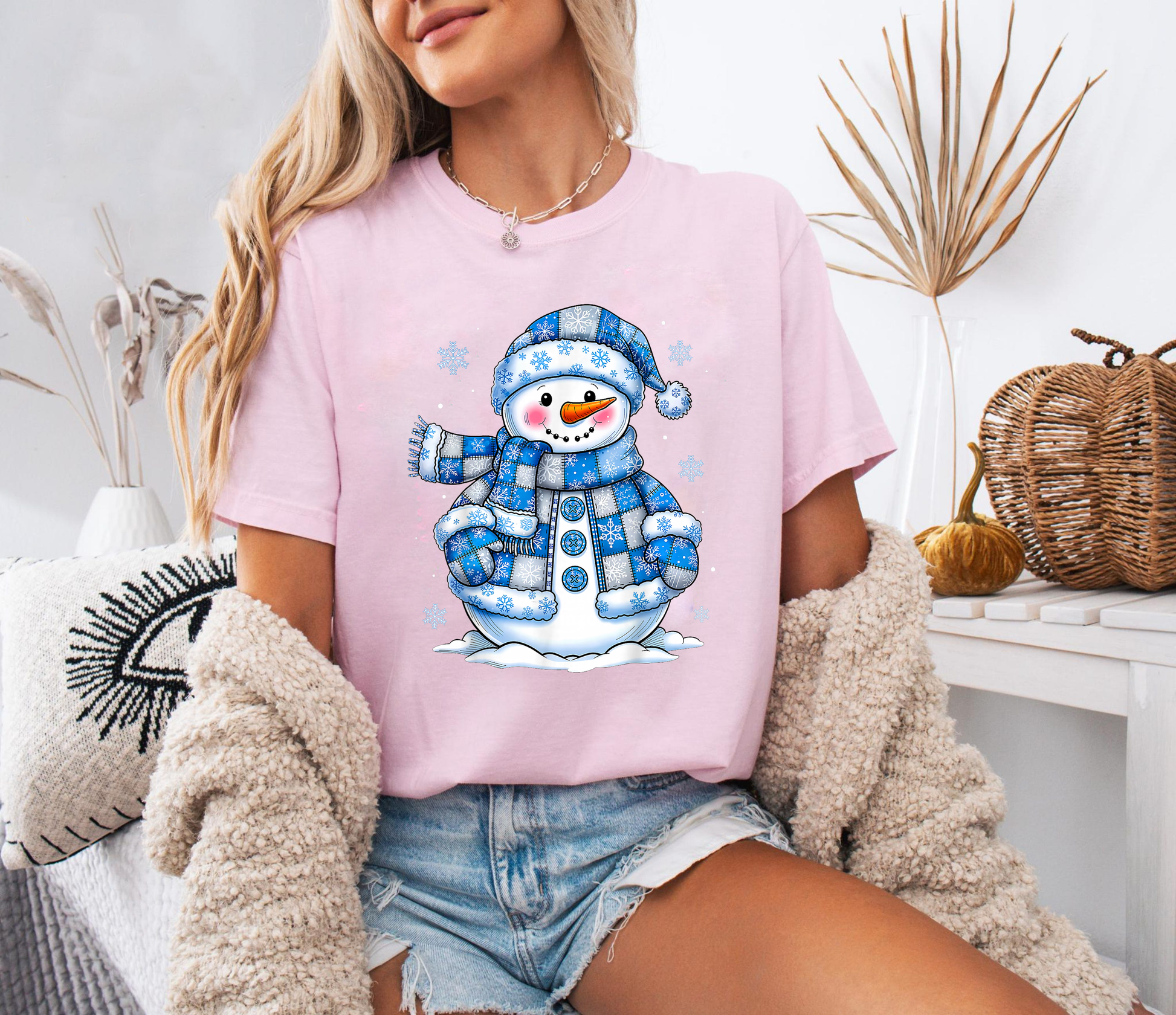 Blue Snowman Christmas Shirt, Cute Winter Holiday Tee, Snowflake Pattern Top, Festive Cozy Outfit, Santa Season Gift Shirt