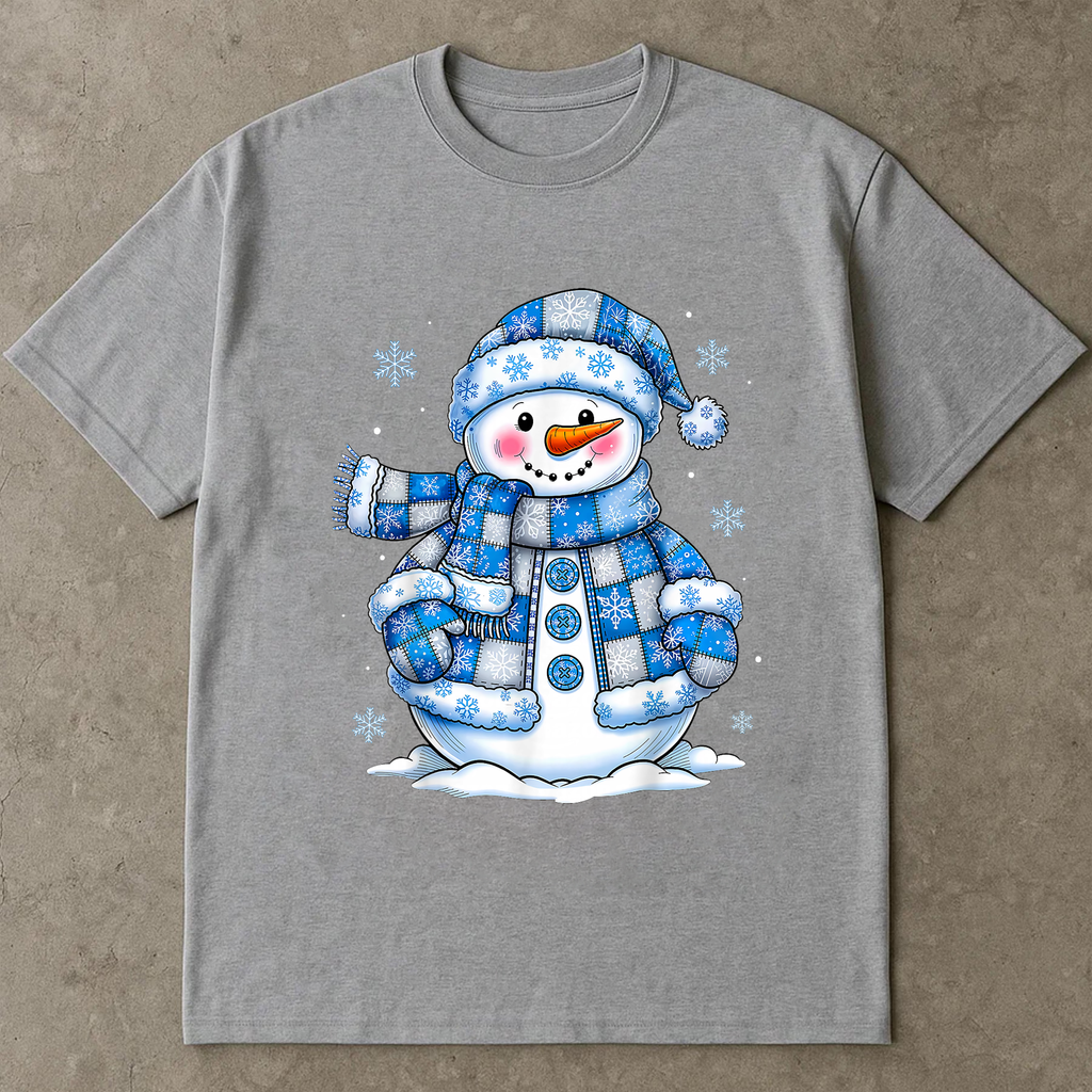Blue Snowman Christmas Shirt, Cute Winter Holiday Tee, Snowflake Pattern Top, Festive Cozy Outfit, Santa Season Gift Shirt