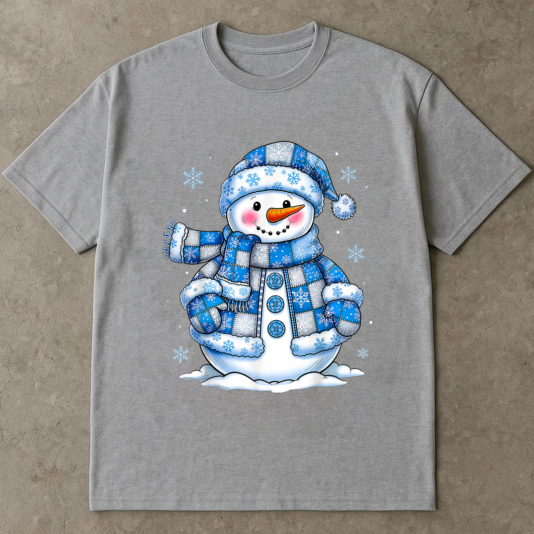 Blue Snowman Christmas Shirt, Cute Winter Holiday Tee, Snowflake Pattern Top, Festive Cozy Outfit, Santa Season Gift Shirt