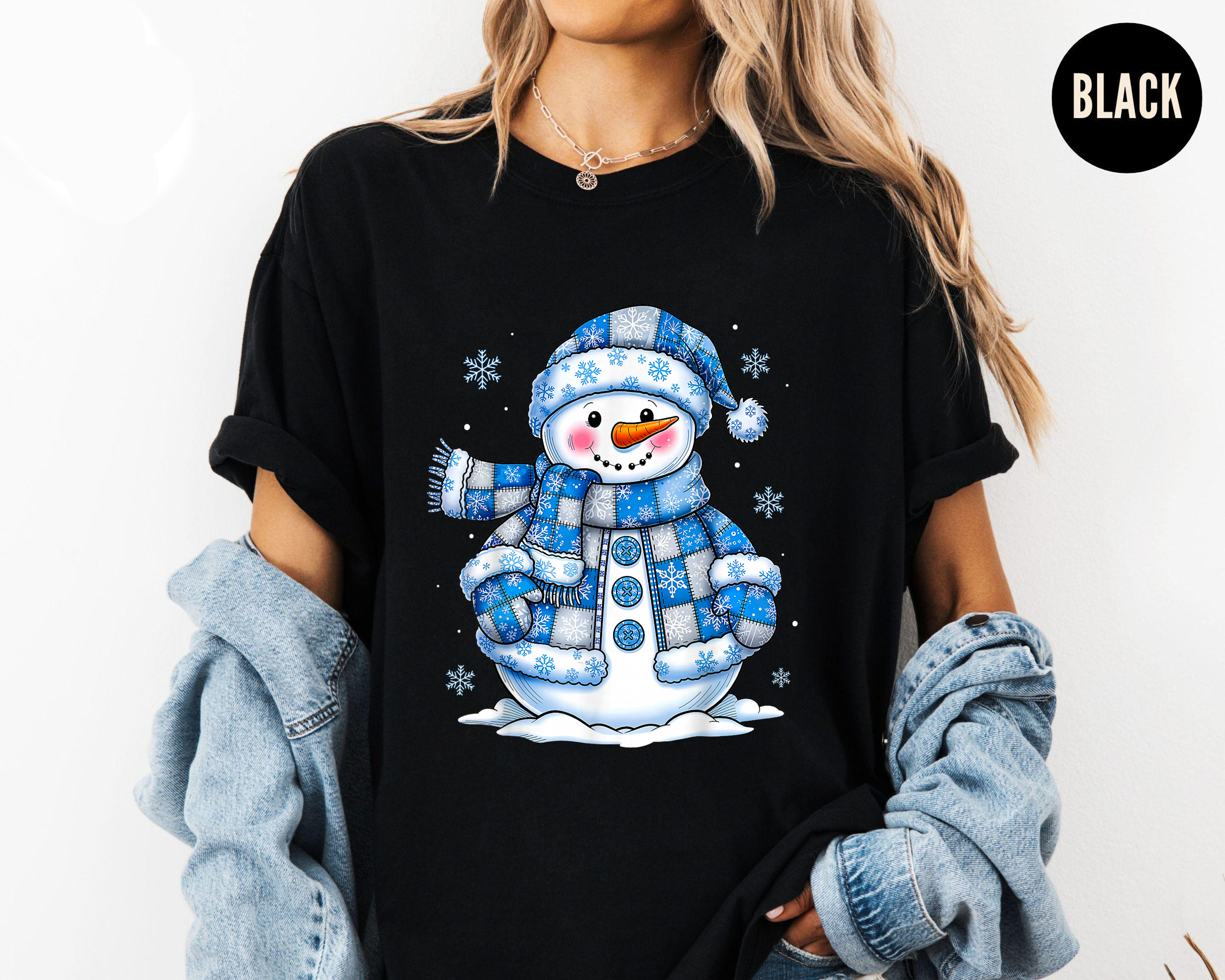 Blue Snowman Christmas Shirt, Cute Winter Holiday Tee, Snowflake Pattern Top, Festive Cozy Outfit, Santa Season Gift Shirt