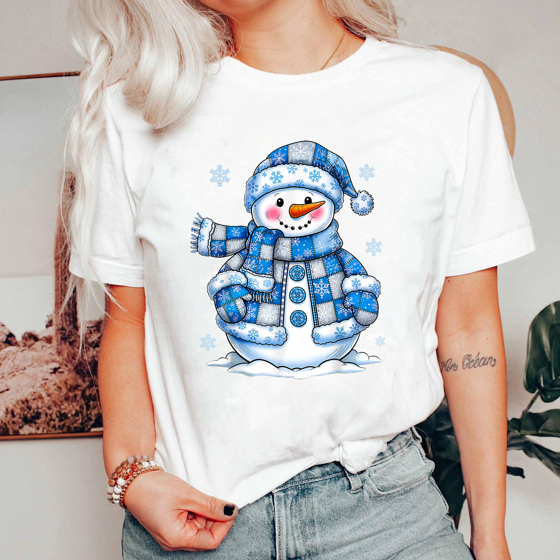 Blue Snowman Christmas Shirt, Cute Winter Holiday Tee, Snowflake Pattern Top, Festive Cozy Outfit, Santa Season Gift Shirt