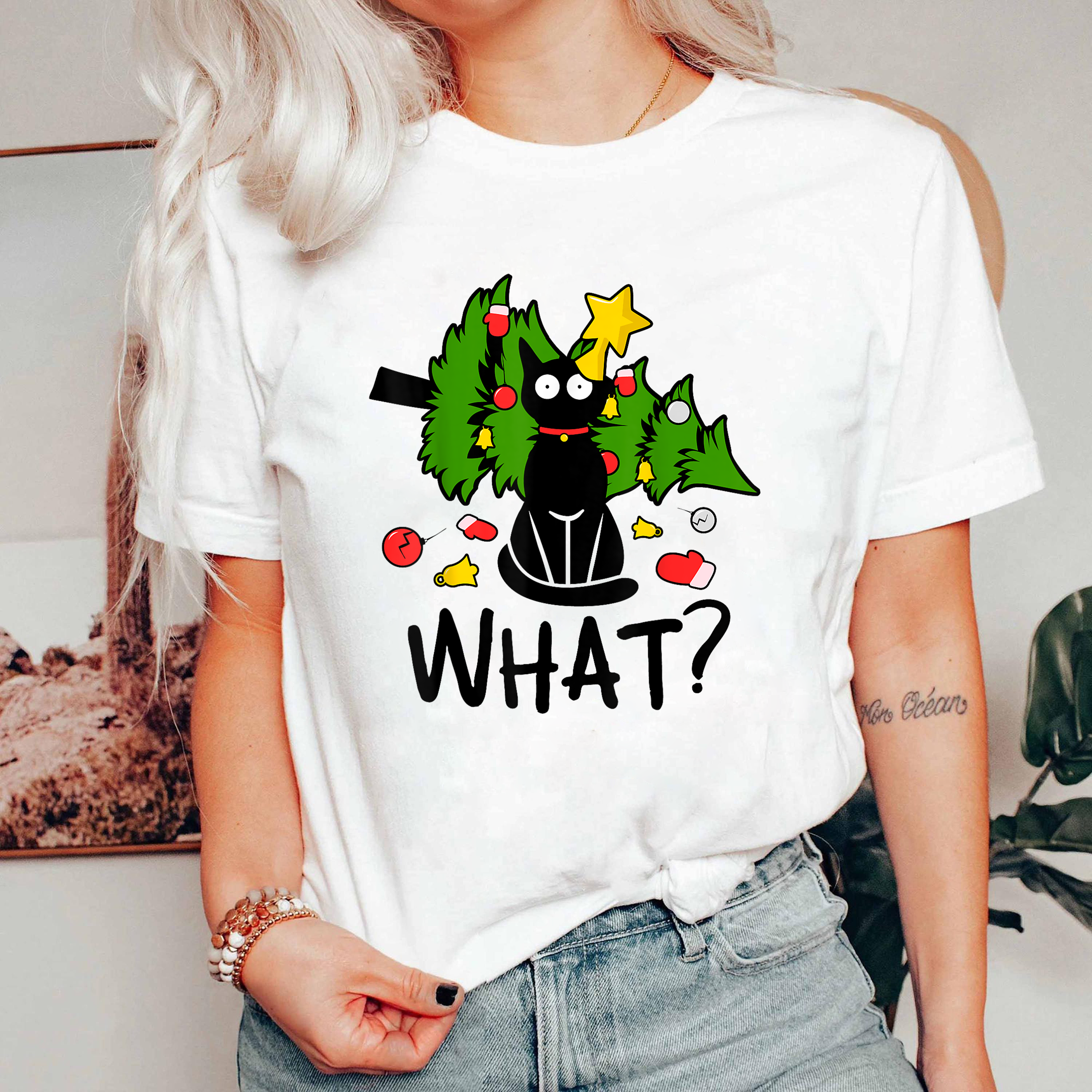 Black Cat Christmas Shirt, Funny Holiday Tee, Cat Tree Top, Festive Pet Lover Gift, Cute Kitty Xmas Outfit, Santa Season Shirt