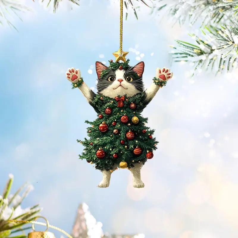 Whimsical Acrylic Cat Christmas Ornament, Cute Cat Lover Tree Decoration, Funny Holiday Pet Gift, Christmas Cat Decor
