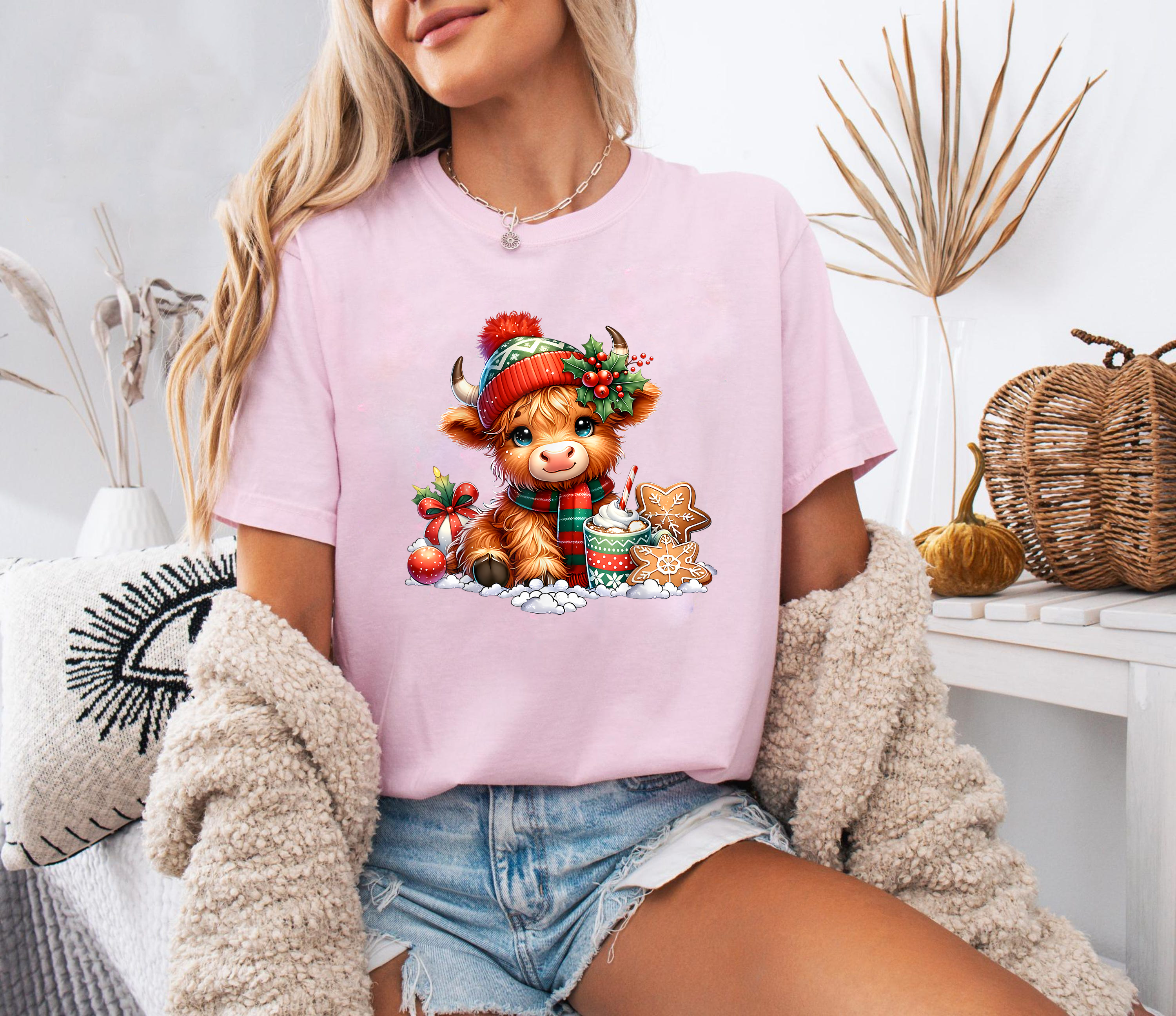 Christmas Cow Shirt, Cute Holiday Tee, Highland Cow With Cocoa, Festive Outfit, Farm Animal Lover Gift, Cozy Winter Top