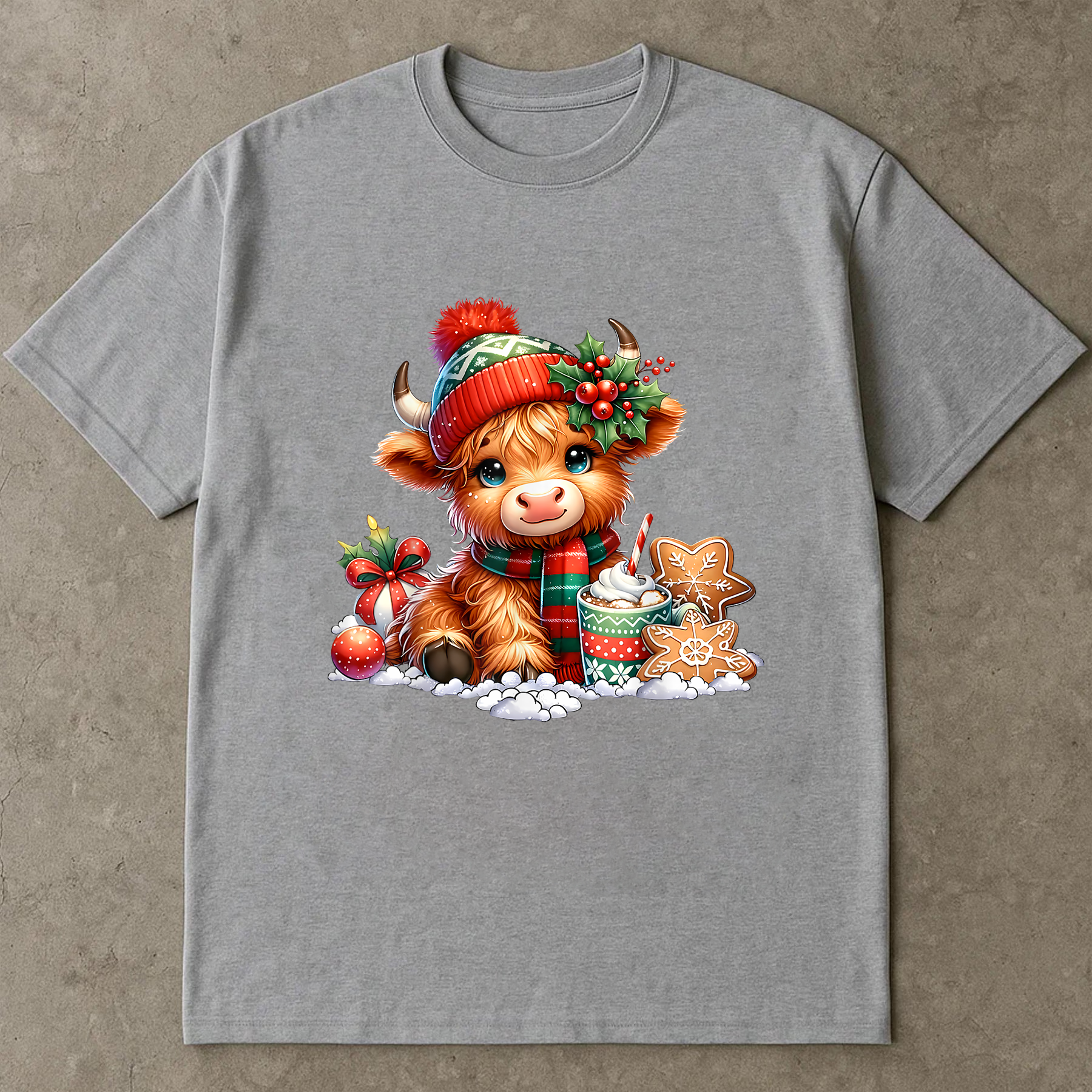 Christmas Cow Shirt, Cute Holiday Tee, Highland Cow With Cocoa, Festive Outfit, Farm Animal Lover Gift, Cozy Winter Top