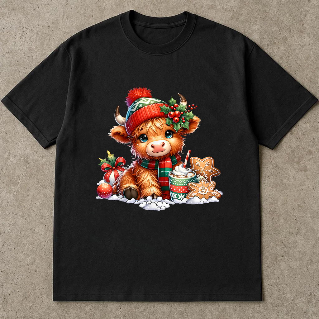 Christmas Cow Shirt, Cute Holiday Tee, Highland Cow With Cocoa, Festive Outfit, Farm Animal Lover Gift, Cozy Winter Top