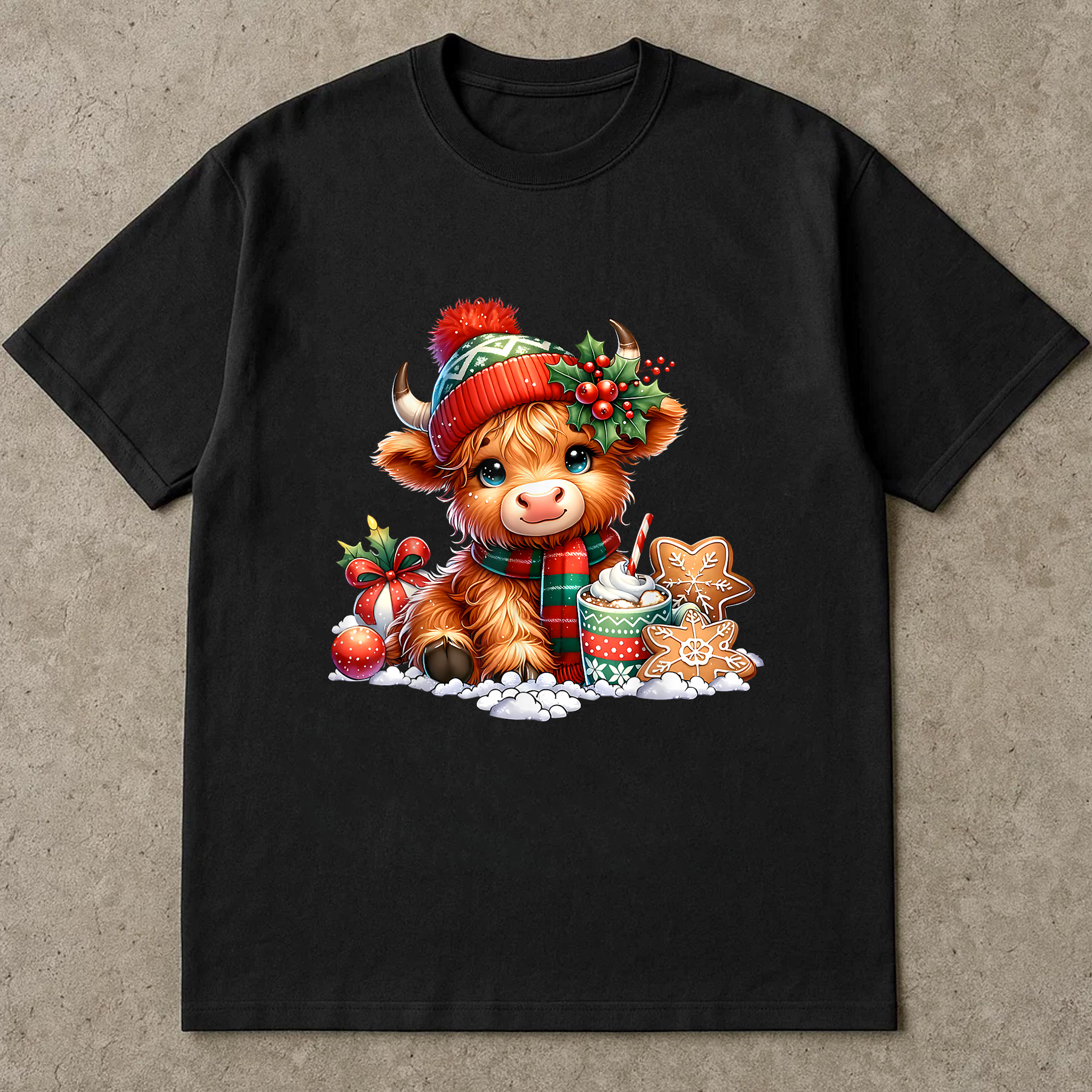 Christmas Cow Shirt, Cute Holiday Tee, Highland Cow With Cocoa, Festive Outfit, Farm Animal Lover Gift, Cozy Winter Top (Copy)