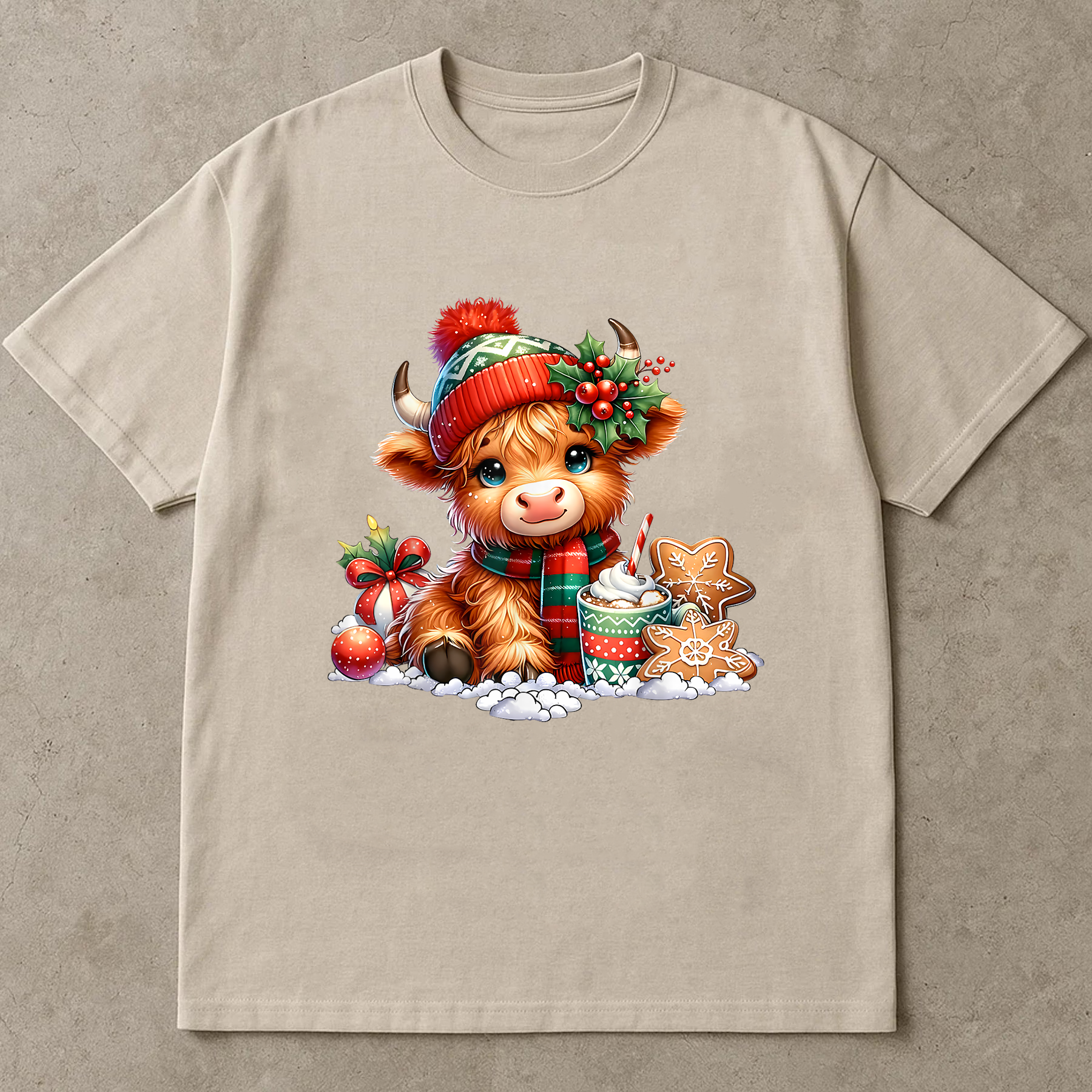 Christmas Cow Shirt, Cute Holiday Tee, Highland Cow With Cocoa, Festive Outfit, Farm Animal Lover Gift, Cozy Winter Top