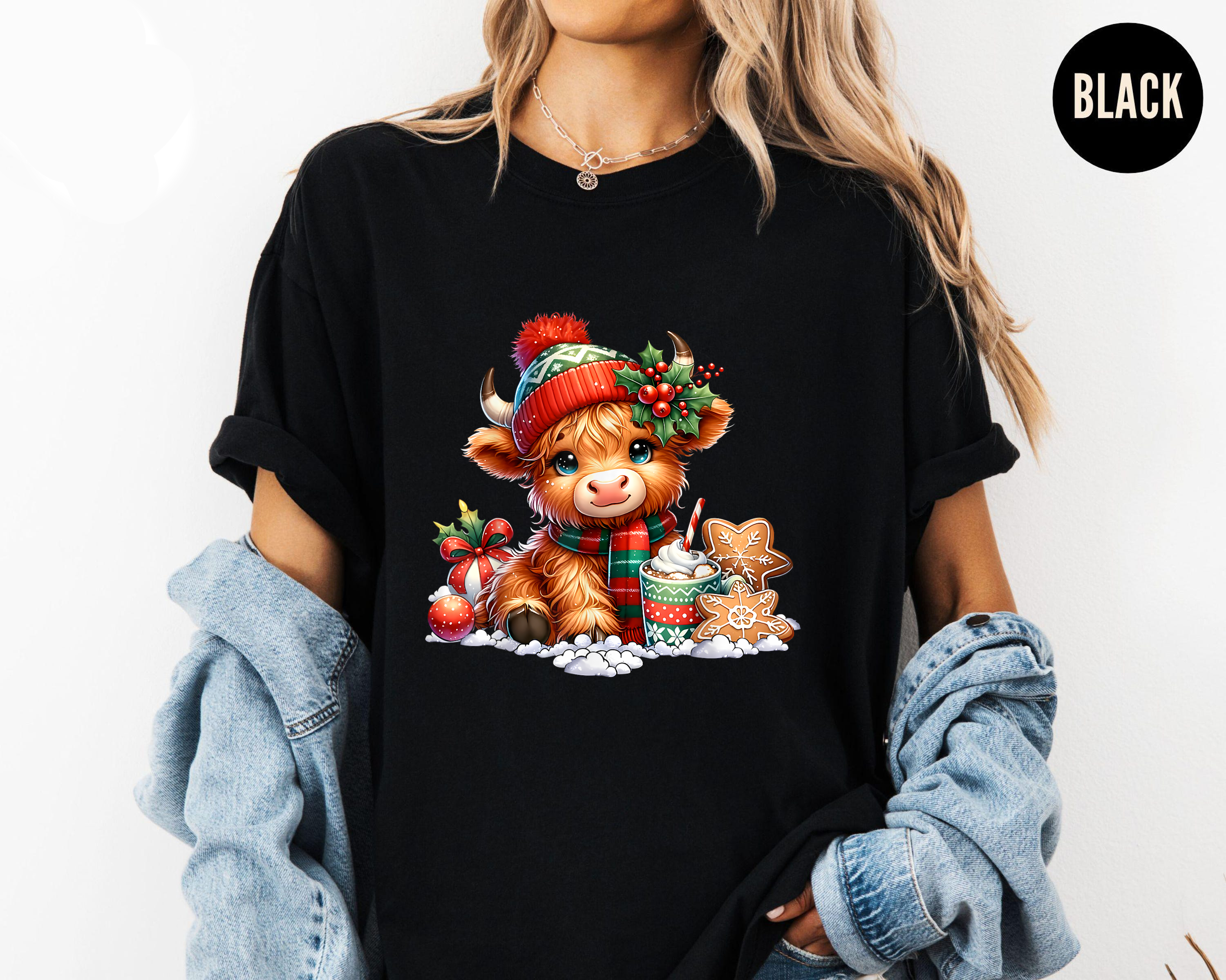 Christmas Cow Shirt, Cute Holiday Tee, Highland Cow With Cocoa, Festive Outfit, Farm Animal Lover Gift, Cozy Winter Top