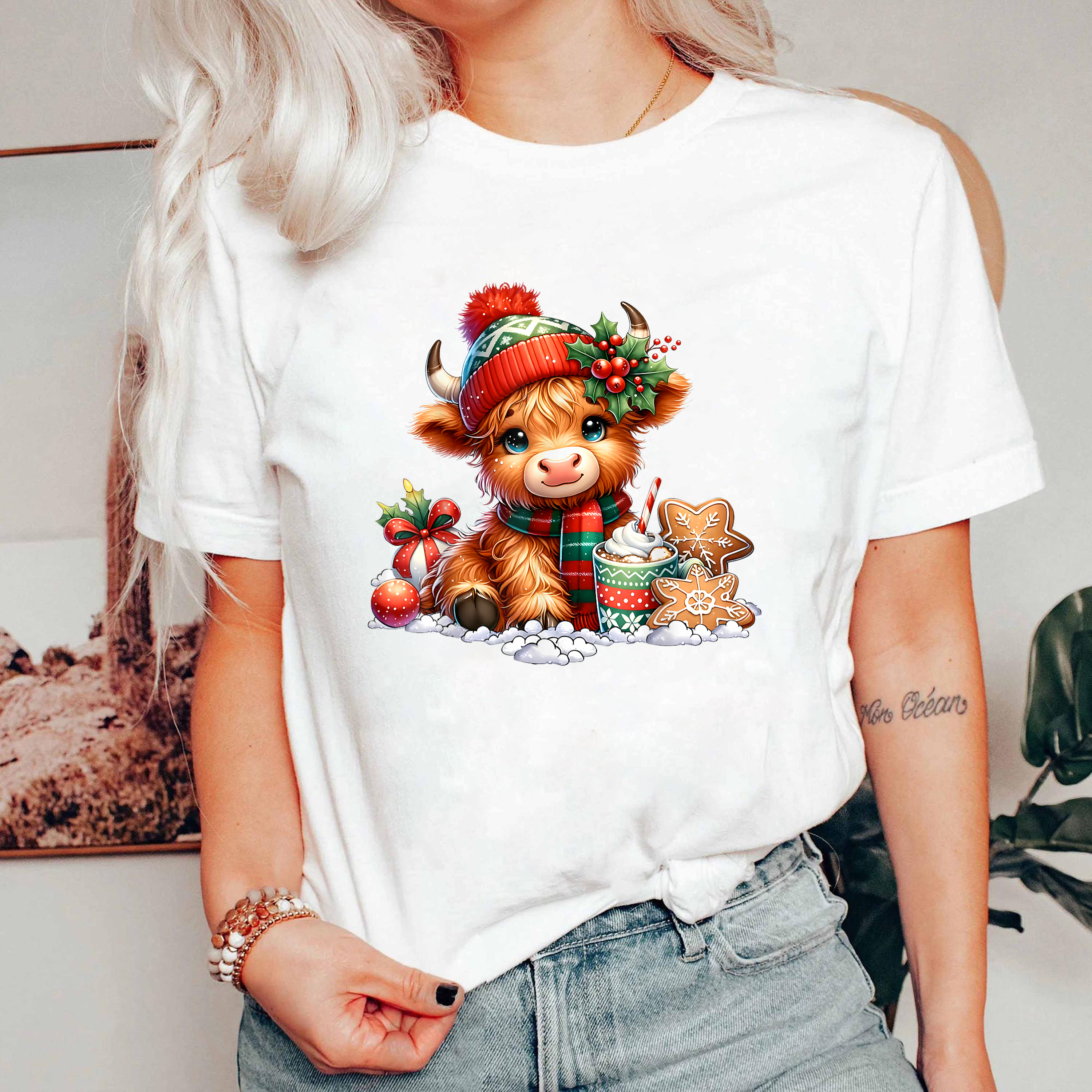 Christmas Cow Shirt, Cute Holiday Tee, Highland Cow With Cocoa, Festive Outfit, Farm Animal Lover Gift, Cozy Winter Top