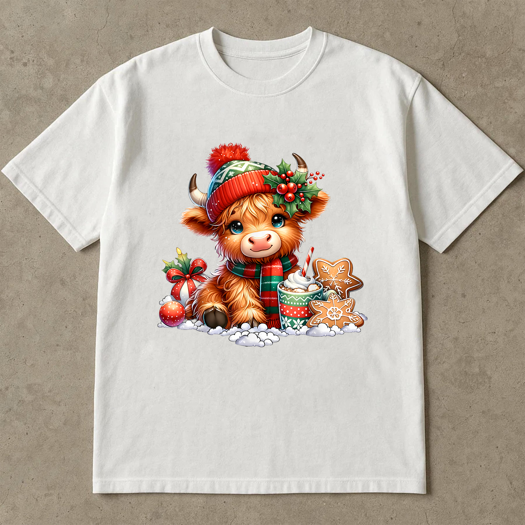 Christmas Cow Shirt, Cute Holiday Tee, Highland Cow With Cocoa, Festive Outfit, Farm Animal Lover Gift, Cozy Winter Top