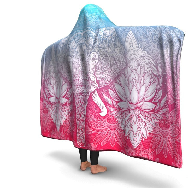 Elephant Mandala Hooded Blanket with Lotus Flower Design, Pink Blue Ombré Sherpa Throw, Spiritual Boho Wrap, Cozy Meditation Blanket, Unique Yoga Gift Idea. BLKAC25