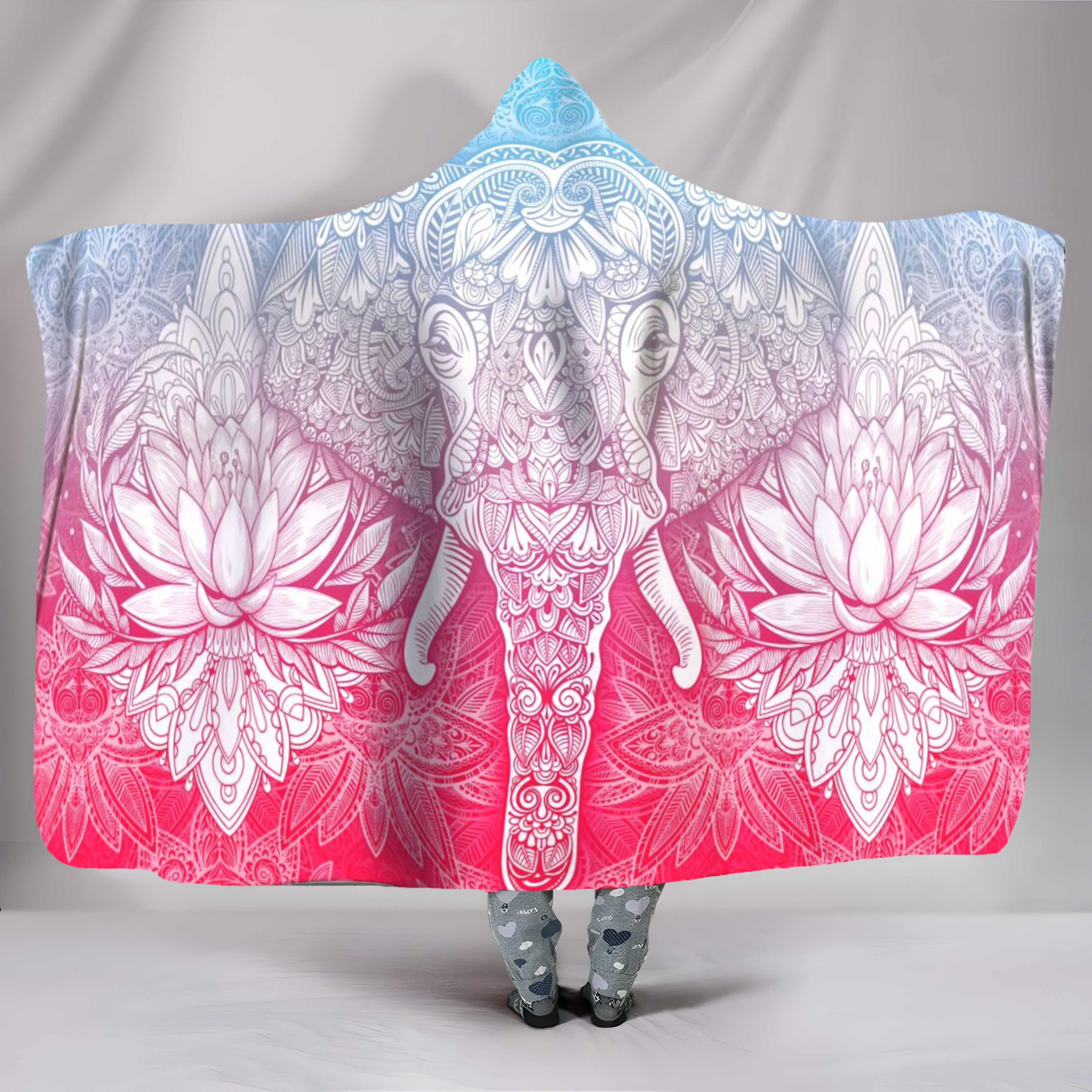 Elephant Mandala Hooded Blanket with Lotus Flower Design, Pink Blue Ombré Sherpa Throw, Spiritual Boho Wrap, Cozy Meditation Blanket, Unique Yoga Gift Idea. BLKAC25