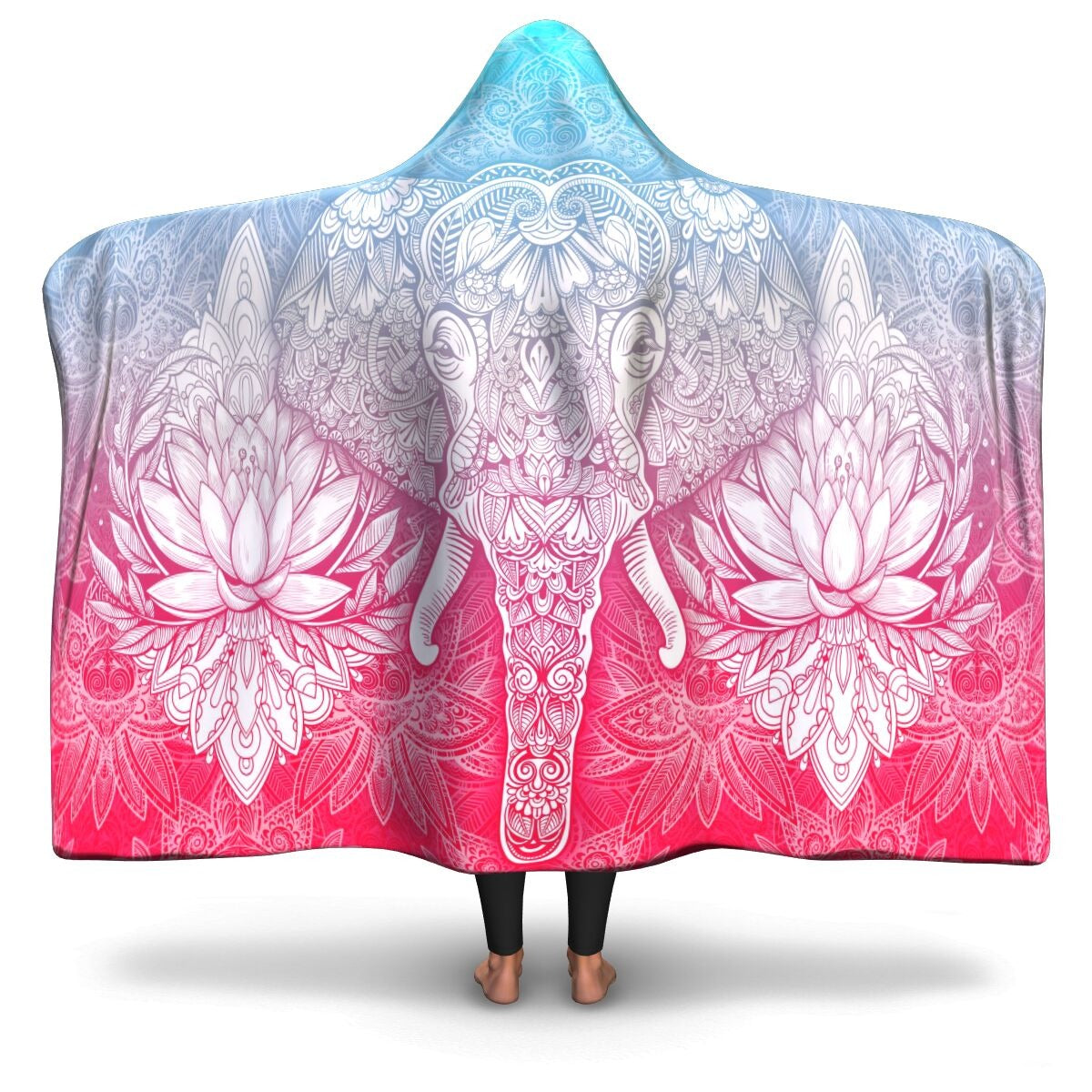 Elephant Mandala Hooded Blanket with Lotus Flower Design, Pink Blue Ombré Sherpa Throw, Spiritual Boho Wrap, Cozy Meditation Blanket, Unique Yoga Gift Idea. BLKAC25