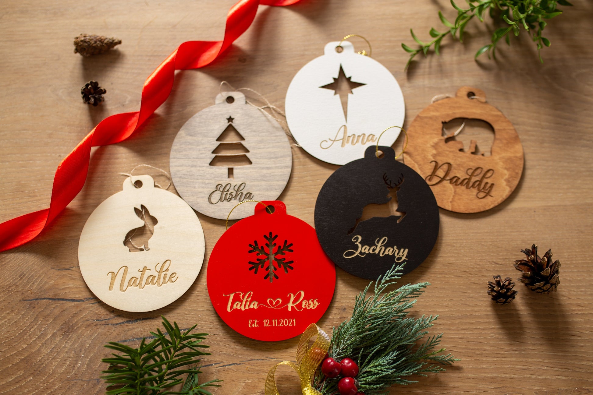 Personalized Wooden Christmas Ornament, Bulk Holiday Decor, Coworker Corporate Gifts, Name Tags
