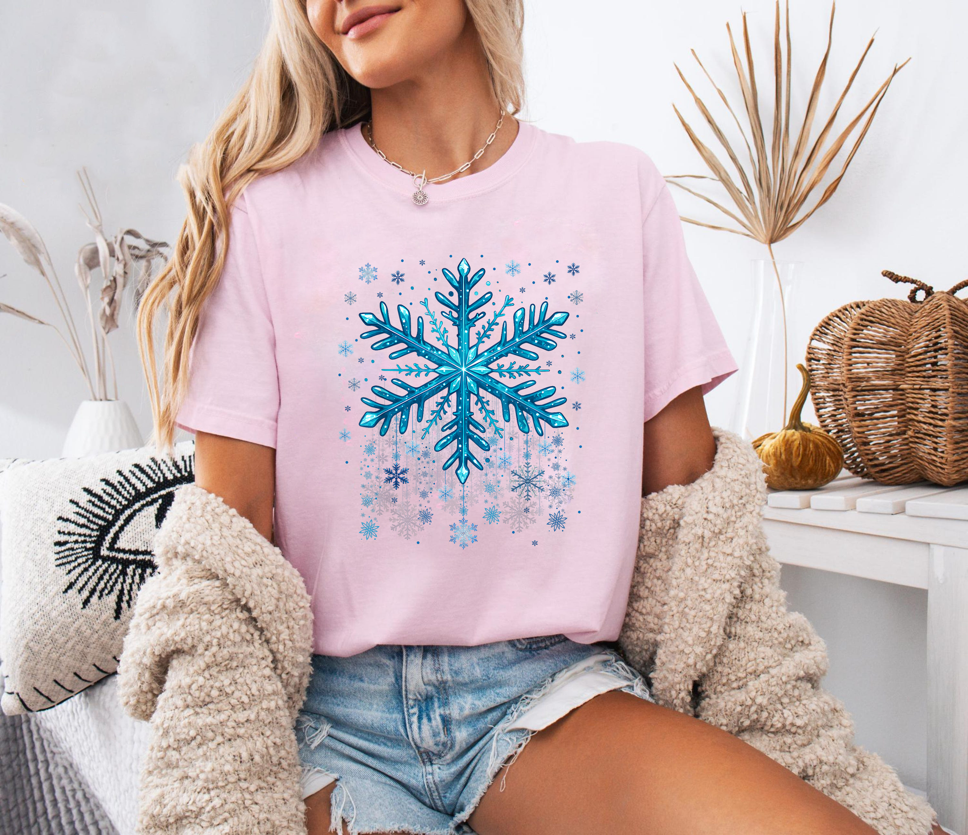 Blue Snowflake Christmas Shirt, Winter Holiday Tee, Icy Pattern Top, Festive Minimalist Outfit, Cozy Snow Season Gift Shirt